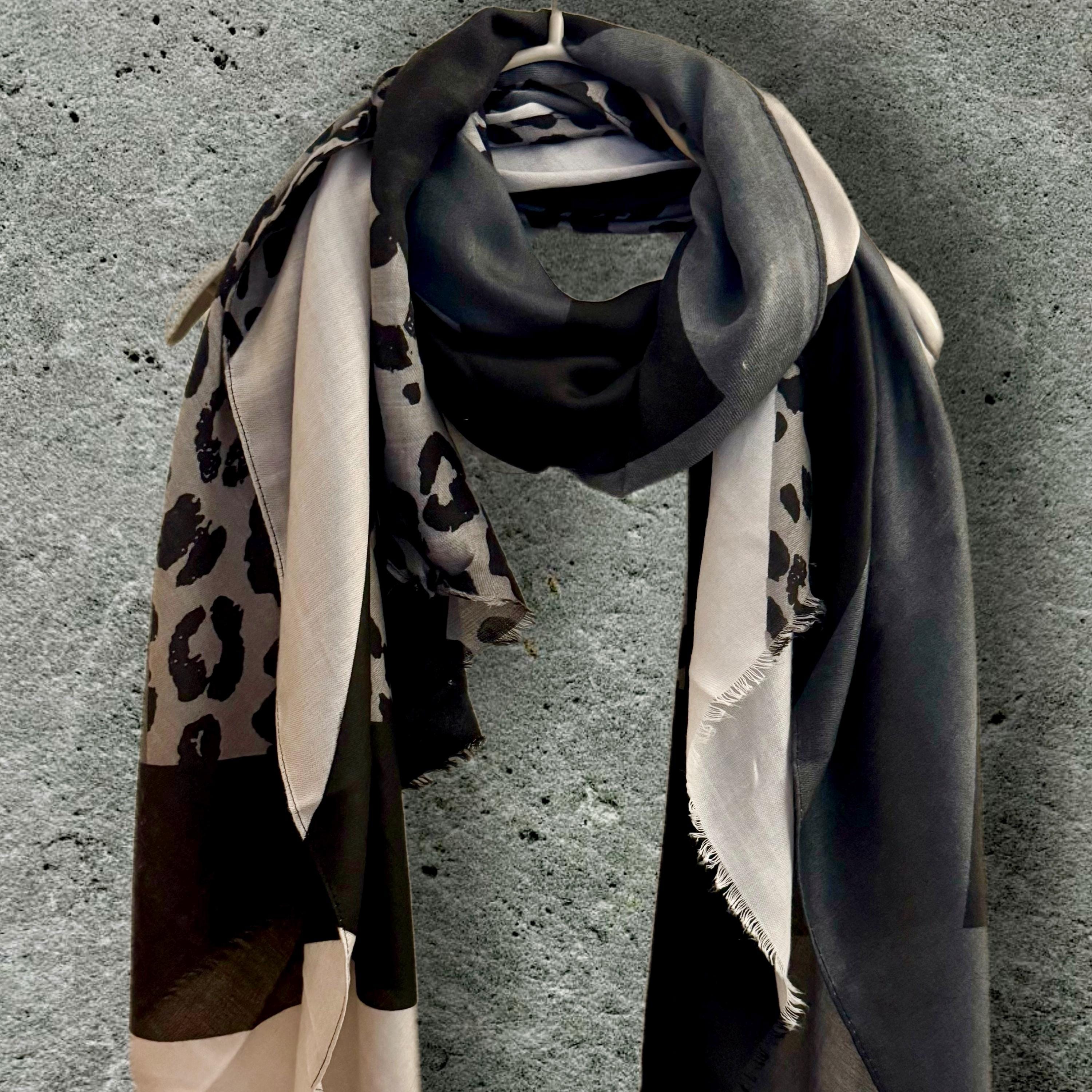 Block Pattern Scarf Featuring Leopard Pattern in Grey and Black,for All Season,Perfect Gifts for Her Birthday,Mom or Christmas