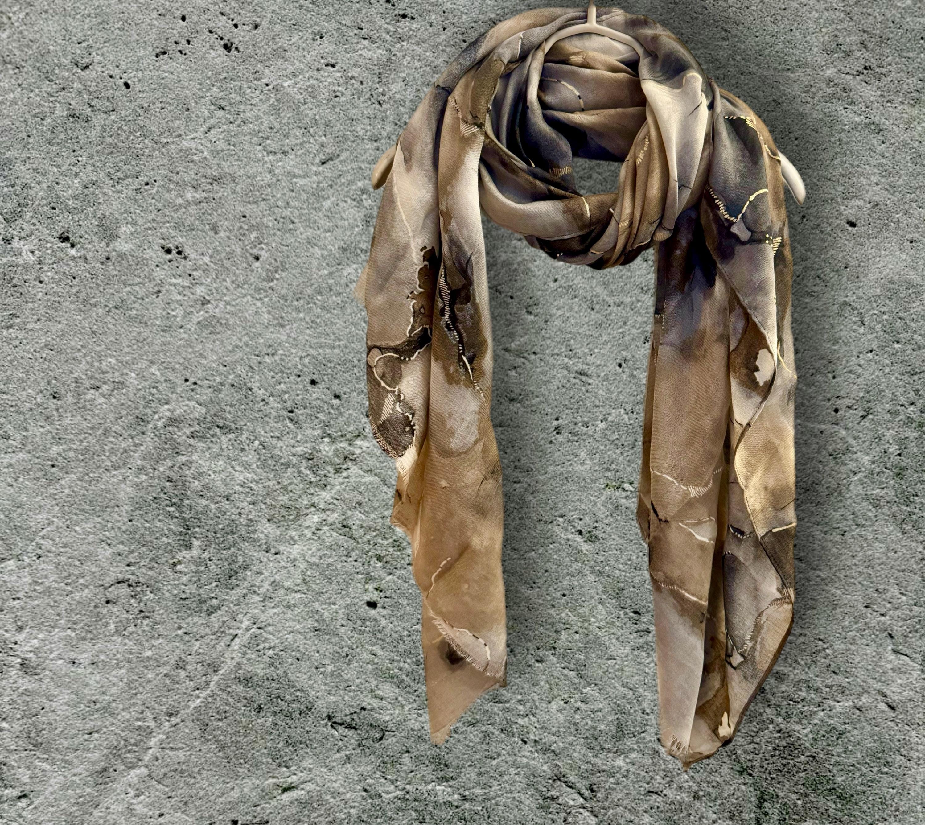 Flowing Light Brown Scarf Adorned Watercolor Pattern with Gold Accents,for All Season,A Thoughtful Gifts for Birthday,Mom,Wife or Christmas