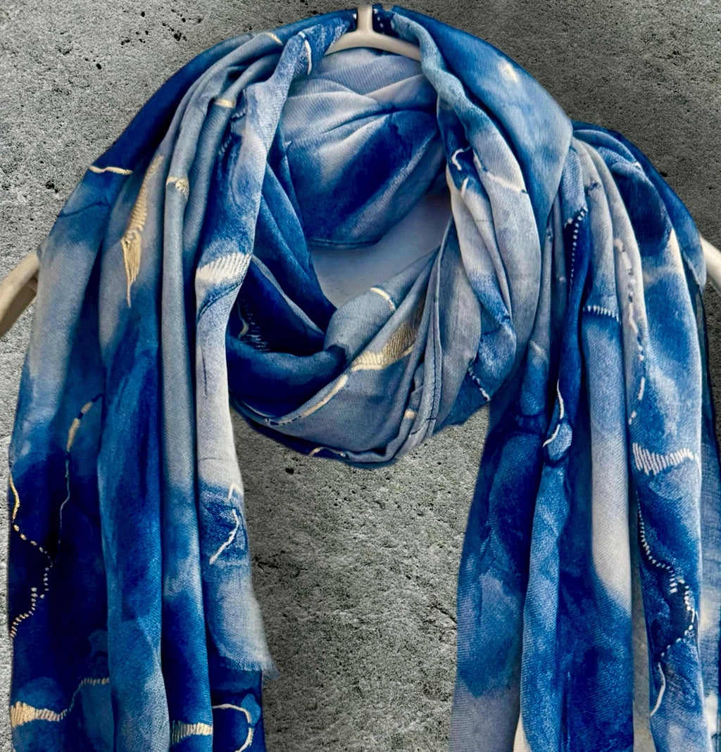 Elegant Blue Scarf Adorned Watercolor Pattern with Gold Accents,Suitable for All Season,Great Gifts for Her Birthday,Mom,Wife or Christmas