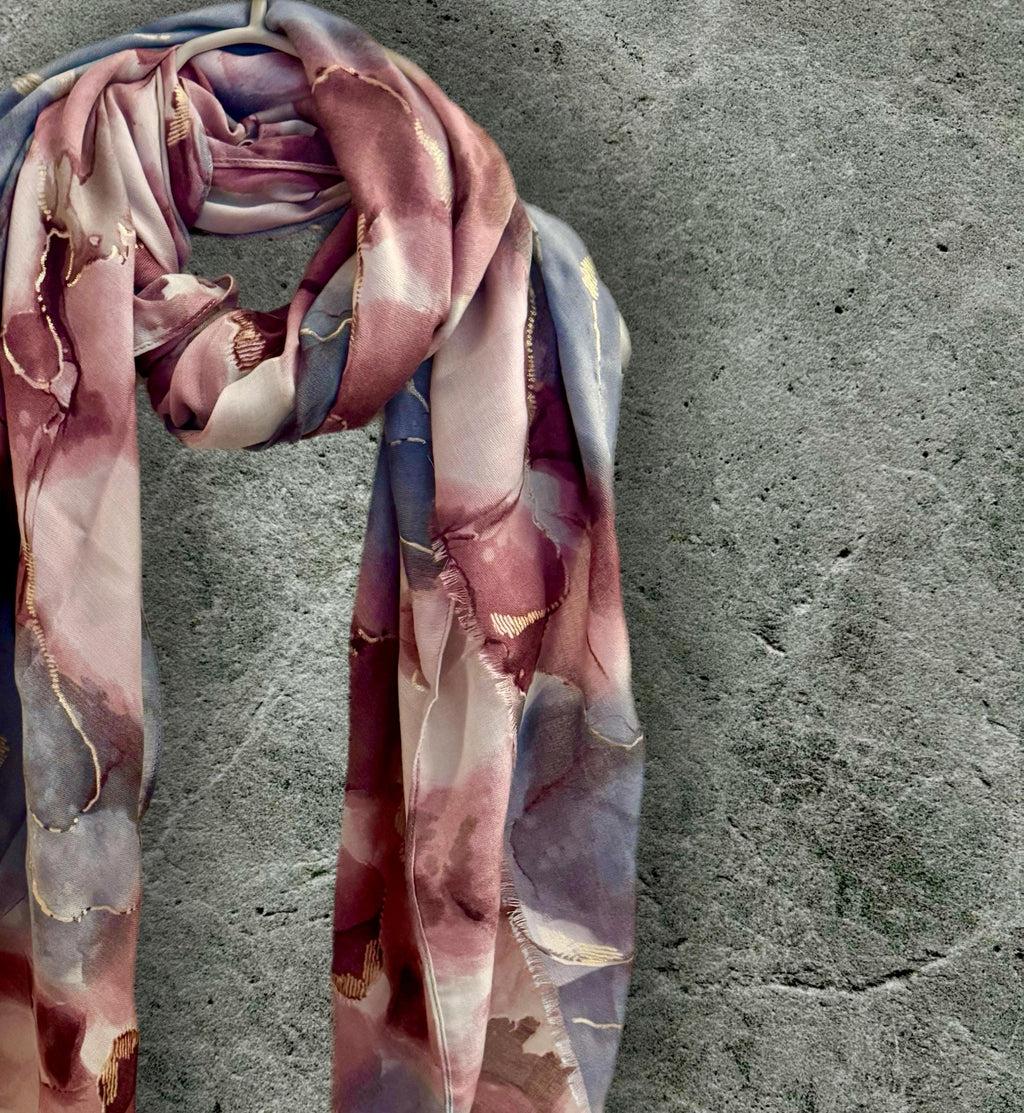 Elegant Purple Scarf Featuring Watercolor Pattern with Gold Accents