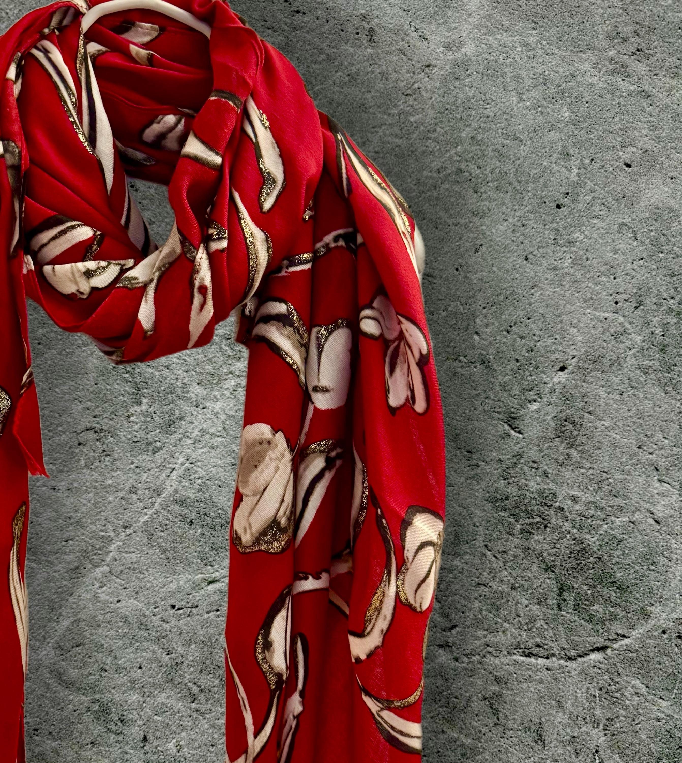 Red Scarf with Delicate Sketch Tulip Flowers and Gold Accents,Perfect for All Seasons,A Thoughtful Gift for Her,Birthday,Mom or Christmas