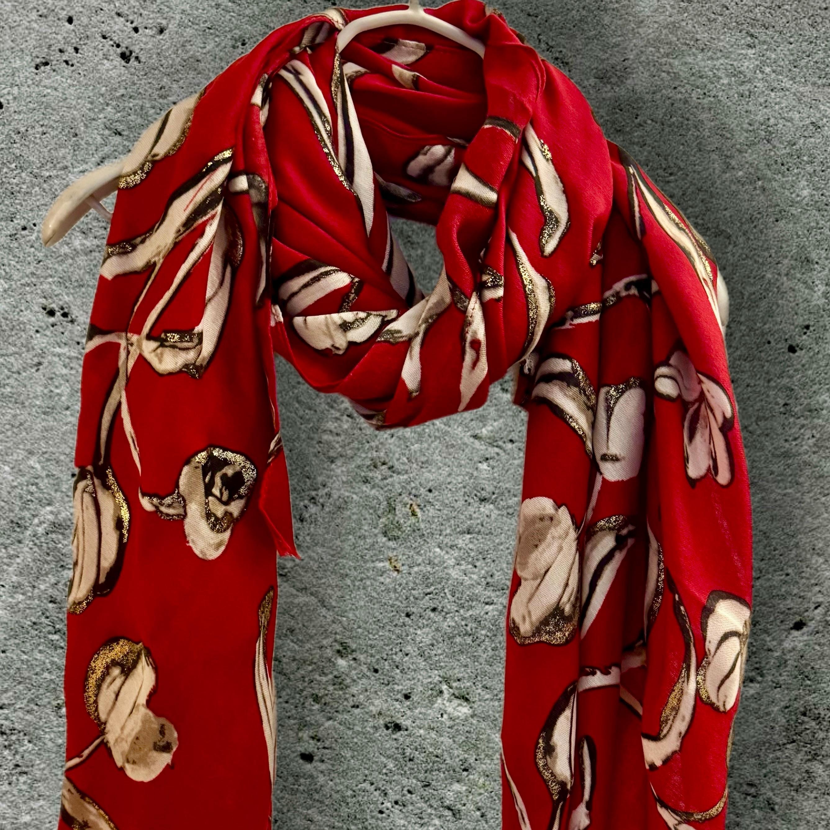 Red Scarf with Delicate Sketch Tulip Flowers and Gold Accents,Perfect for All Seasons,A Thoughtful Gift for Her,Birthday,Mom or Christmas