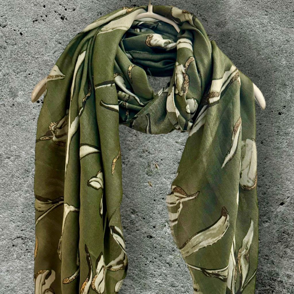Chic Olive Green Scarf with Intricate Sketch Tulip Flowers and Gold Accents,for Any Season,A Lovely Gift for Her,Mom,Birthday or Christmas