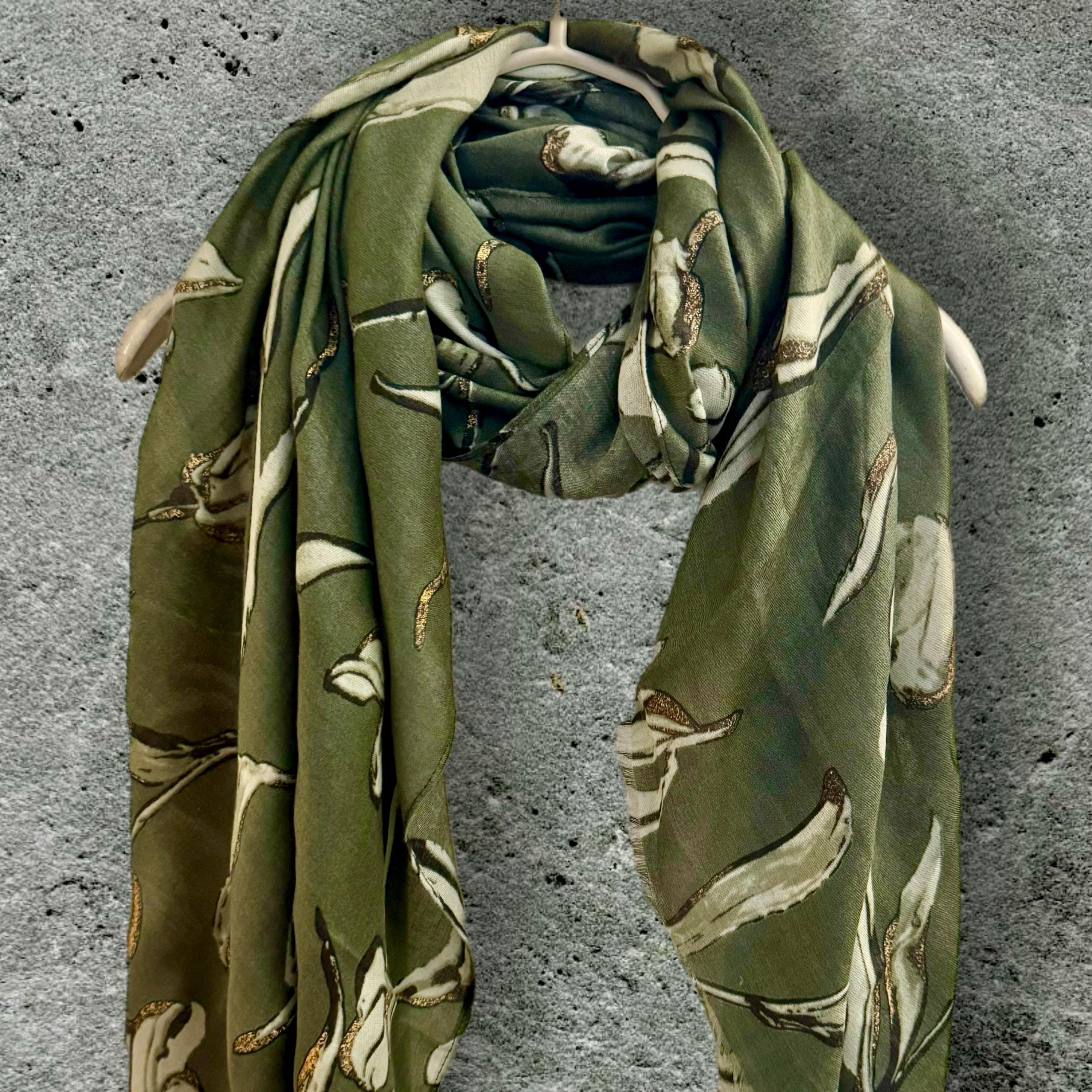 Chic Olive Green Scarf with Intricate Sketch Tulip Flowers and Gold Accents,for Any Season,A Lovely Gift for Her,Mom,Birthday or Christmas