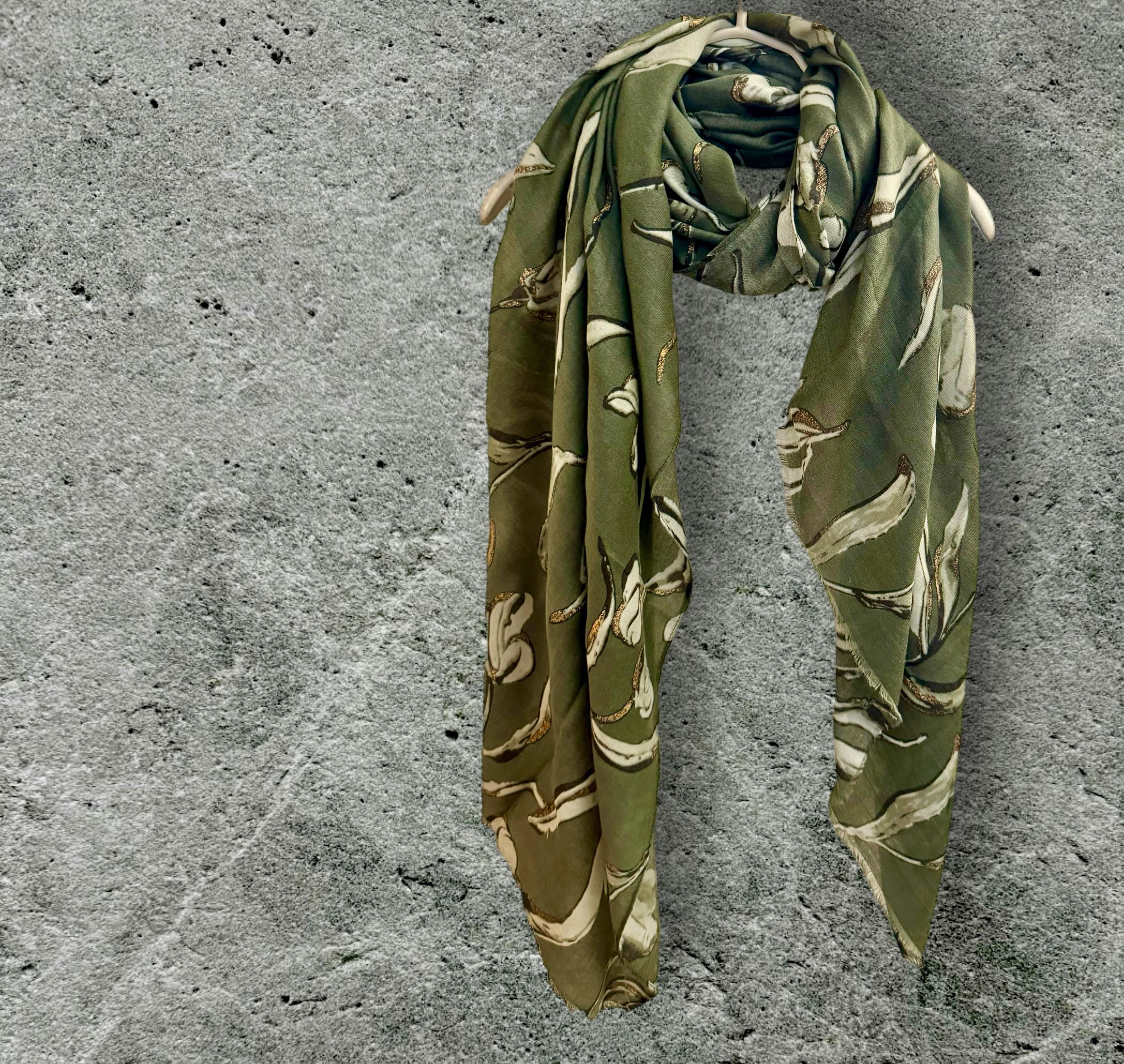 Chic Olive Green Scarf with Intricate Sketch Tulip Flowers and Gold Accents,for Any Season,A Lovely Gift for Her,Mom,Birthday or Christmas