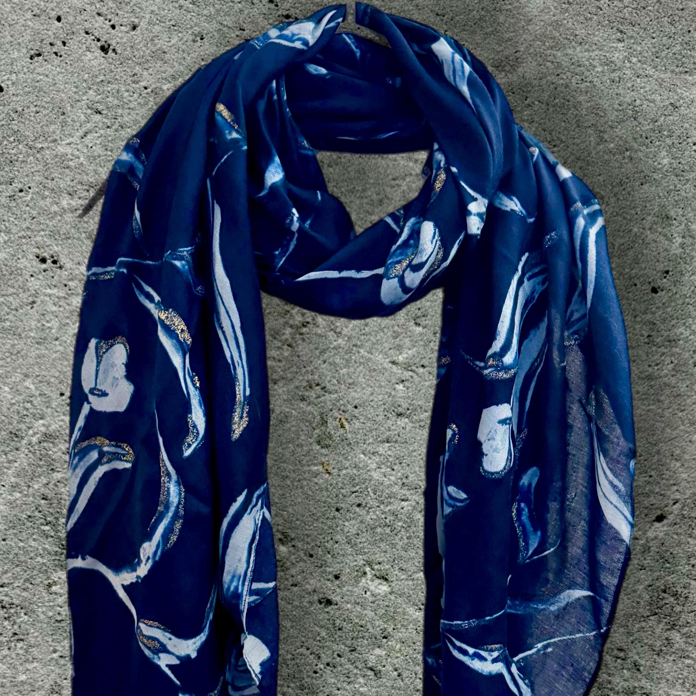 Blue Scarf Featuring Sketch Tulips Pattern with Gold Flakes,Ideal for All Season and A Thoughtful Gifts for Her Birthday,Mom or Christmas