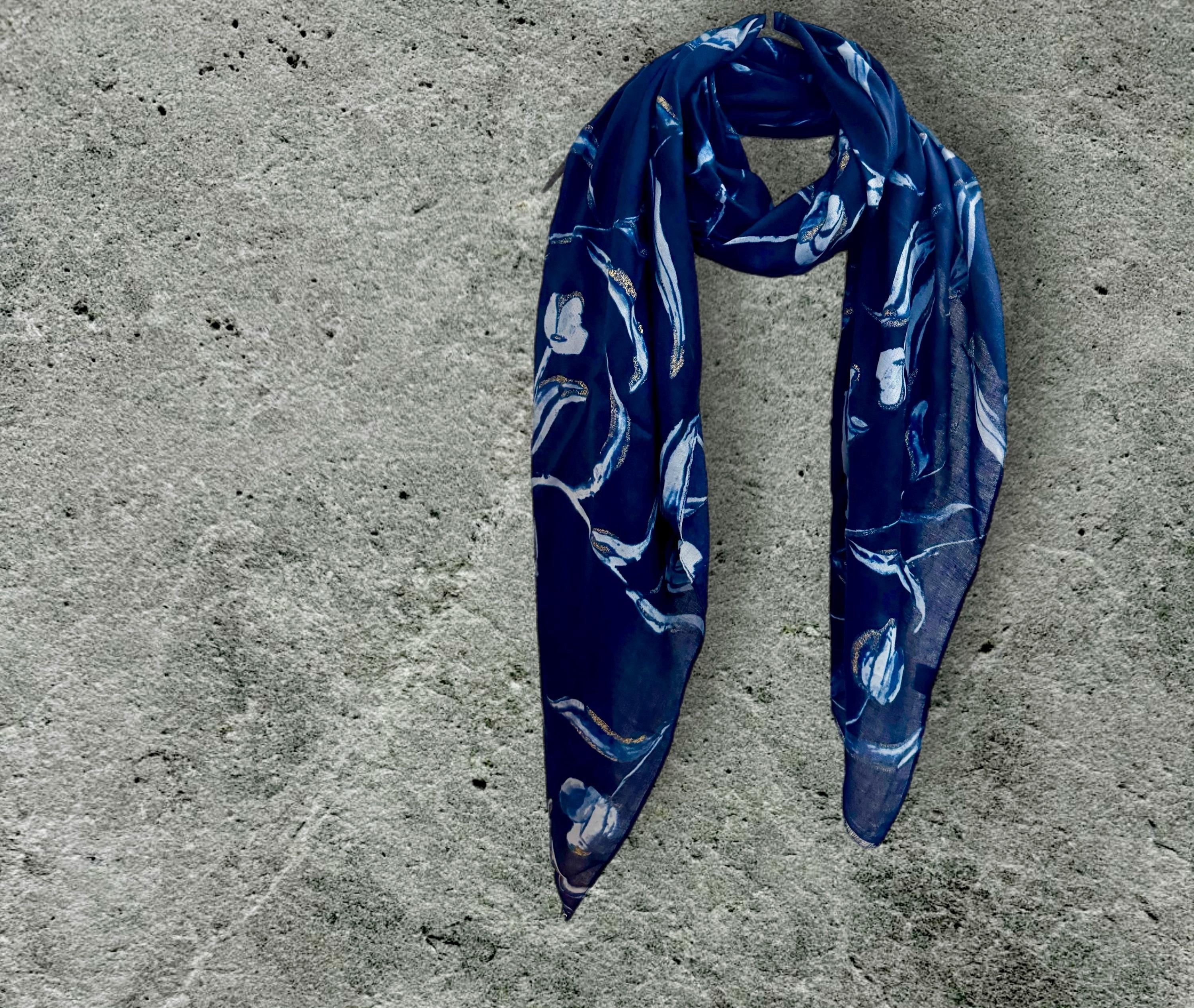Blue Scarf Featuring Sketch Tulips Pattern with Gold Flakes,Ideal for All Season and A Thoughtful Gifts for Her Birthday,Mom or Christmas