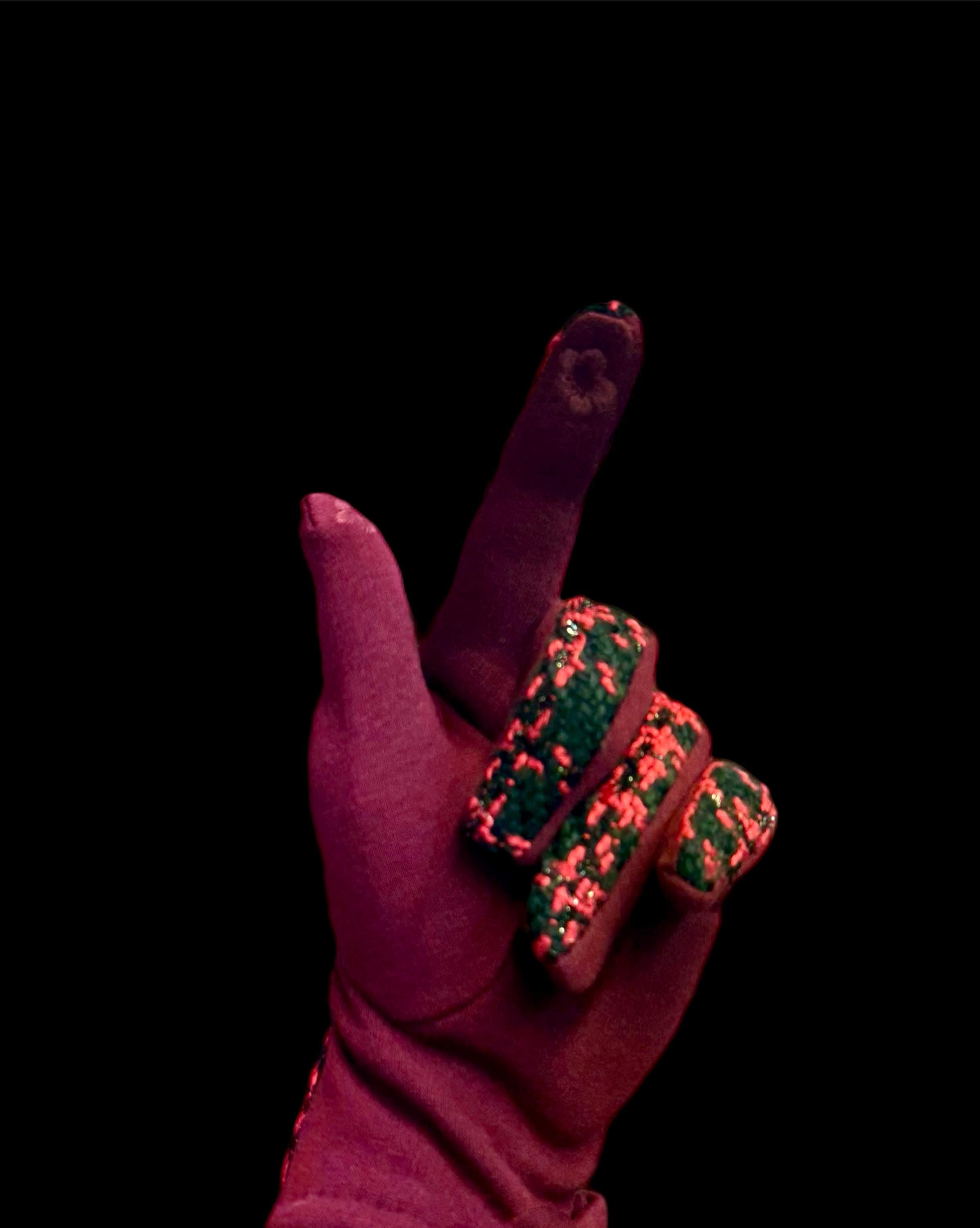 Maroon Red Faux Suede Winter Gloves with Tweed Pattern for Women