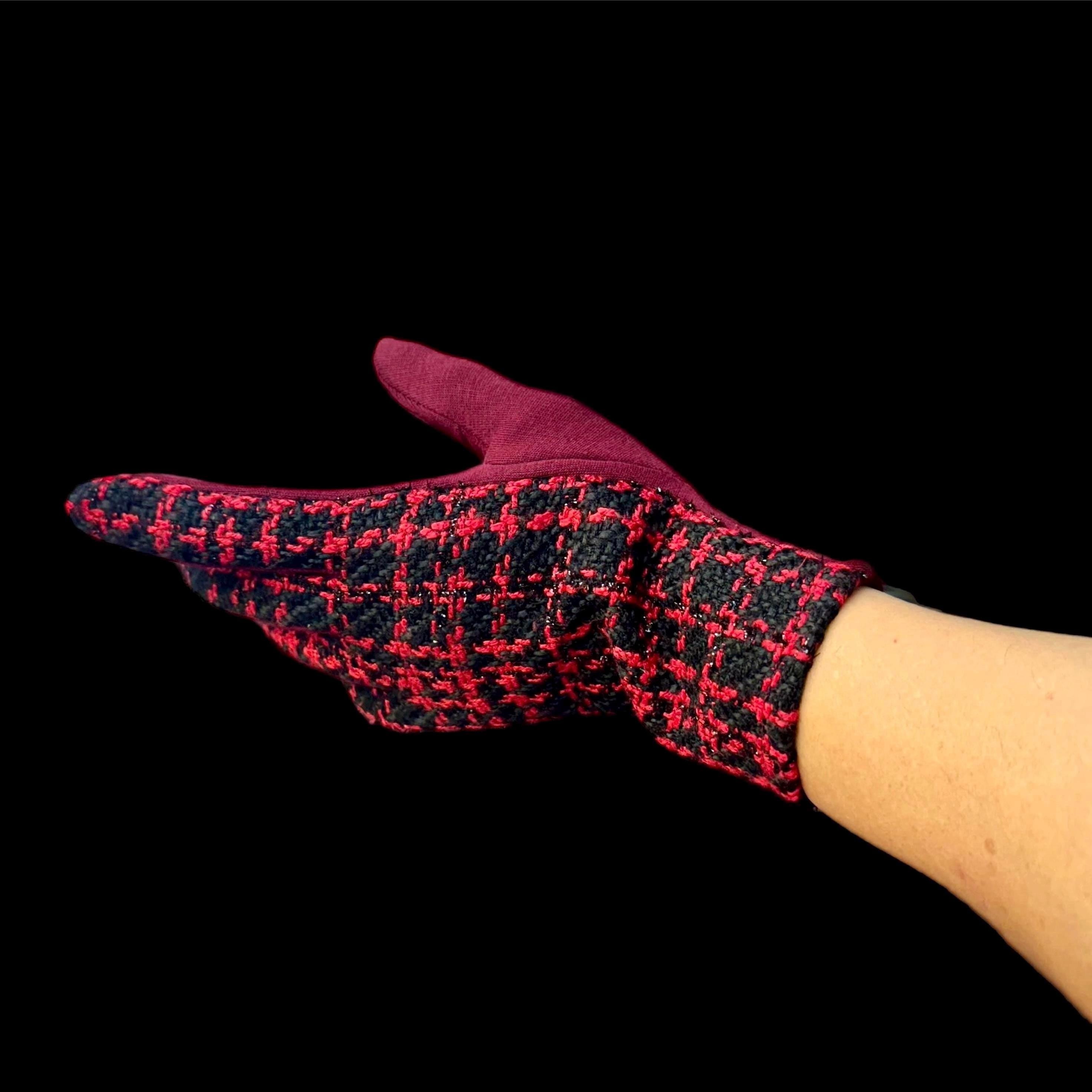 Maroon Red Faux Suede Winter Gloves with Tweed Pattern for Women