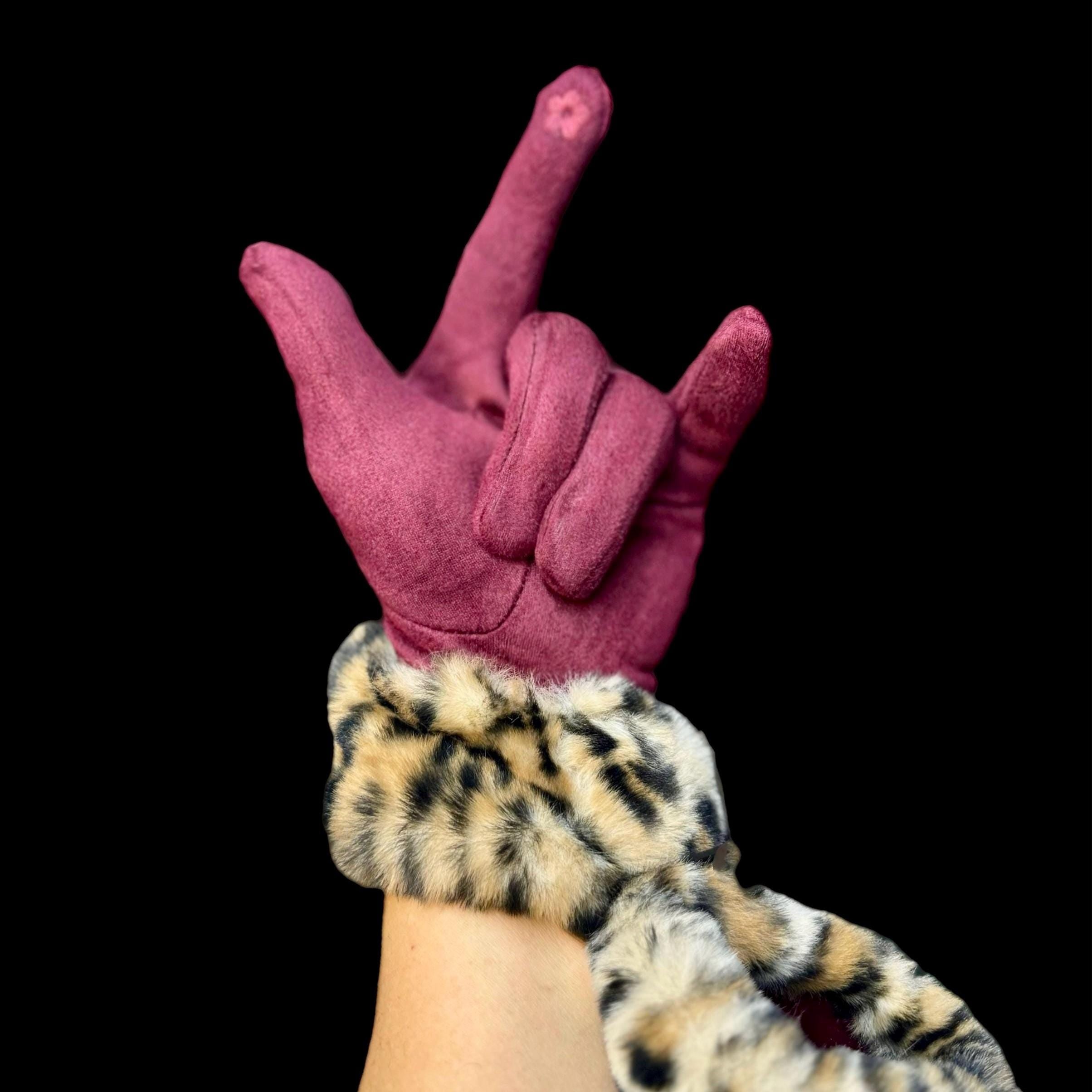Elegant Maroon Red Gloves with Faux Leopard Fur,Perfect Winter Accessory and Thoughtful Gift for Women,Moms, Birthdays or Christmas
