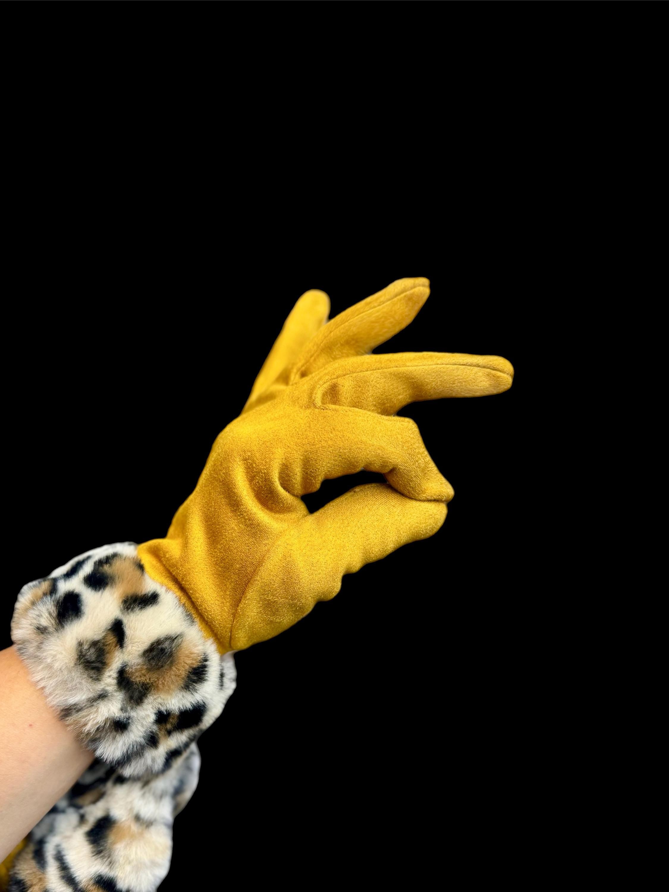 Faux Leopard Fur Mustard Yellow Faux Suede Glove for Women,Ideal for Winter,A Thoughtful Gifts for Her Birthday,Moms,Wife or Christmas