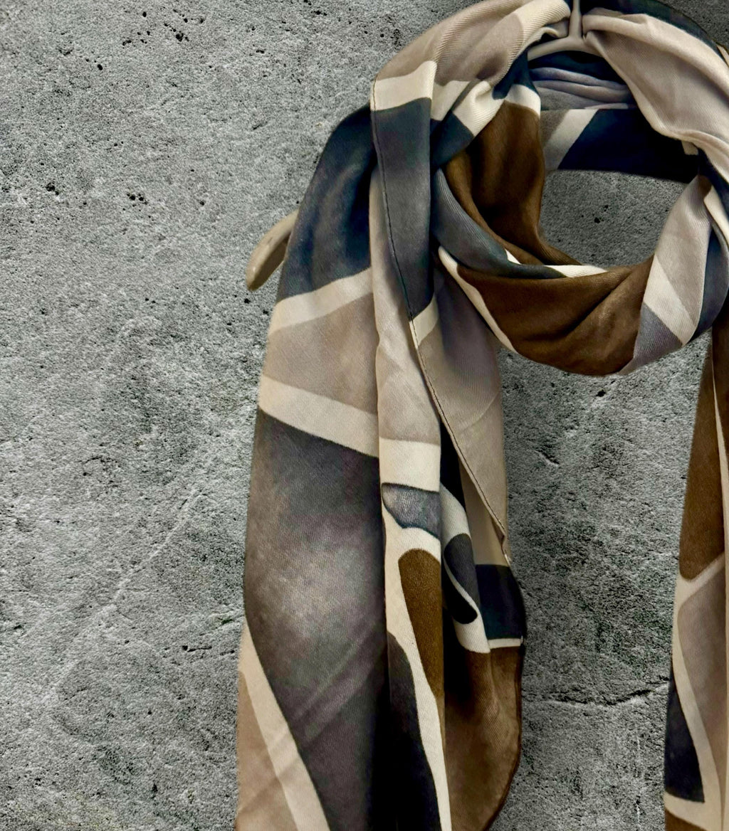Grey and Beige Scarf Featuring Tile-Inspired for Women
