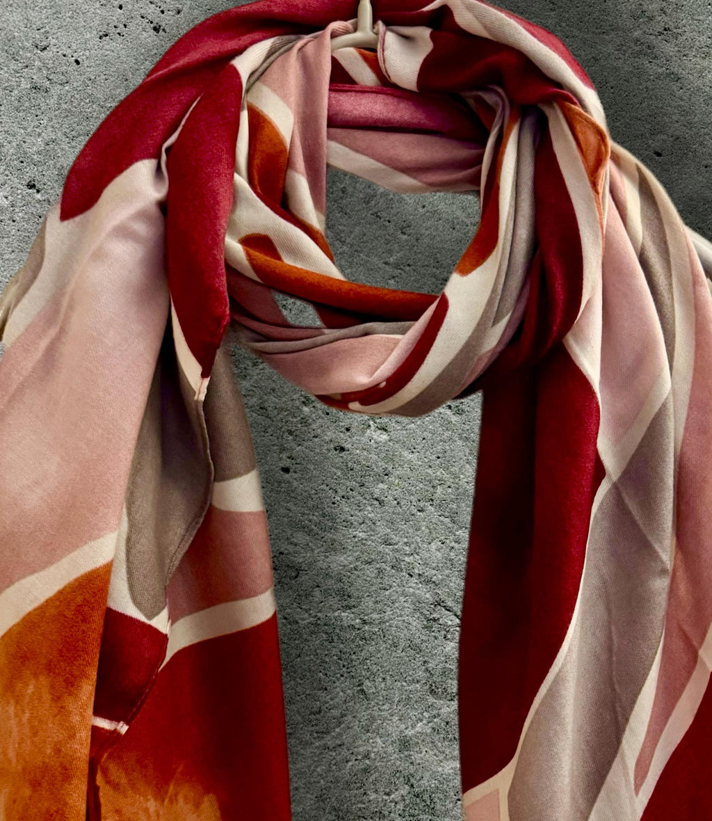 Maroon Red/Pink Scarf with Tiles-Inspired Pattern