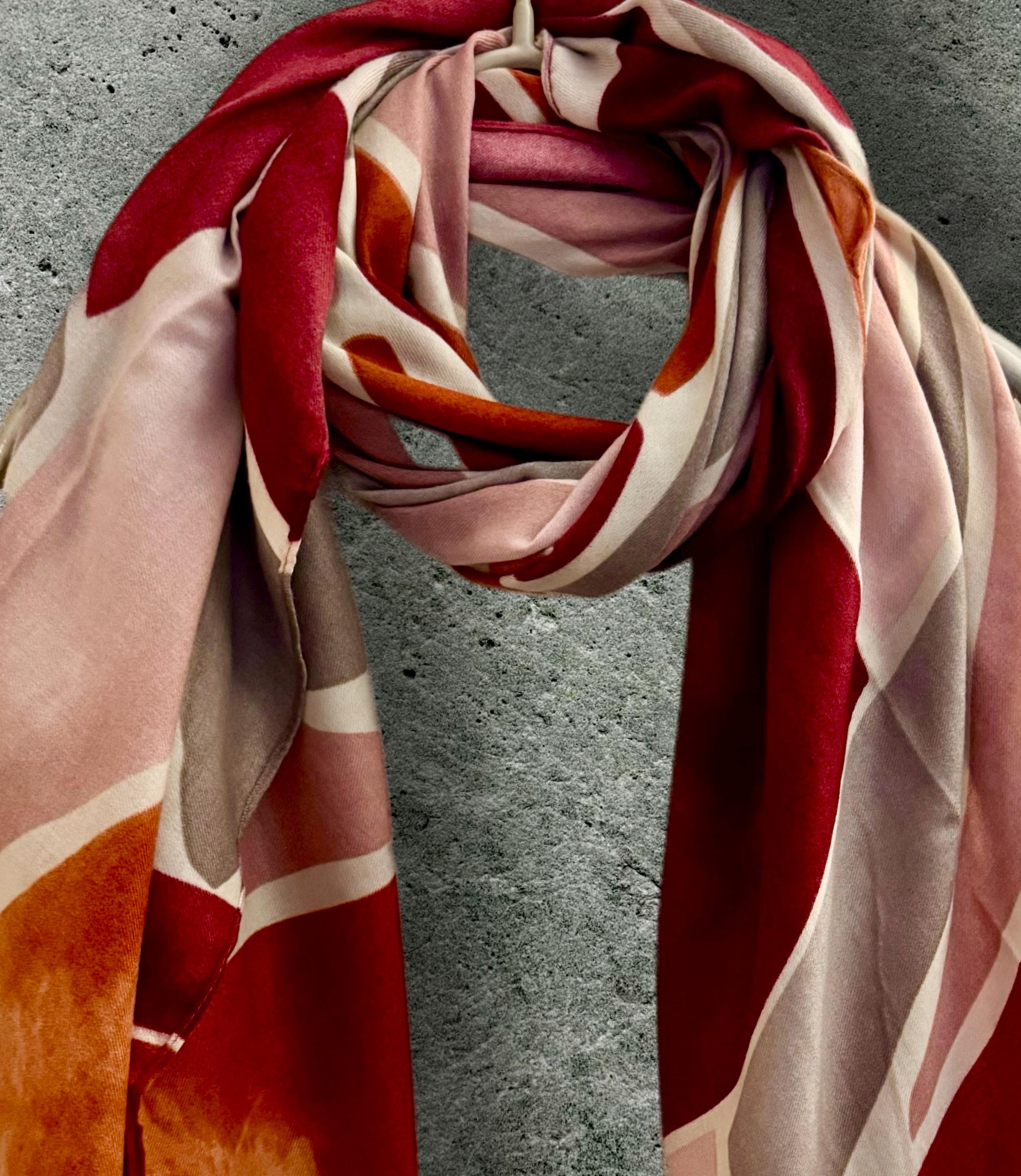 Maroon Red/Pink Scarf with Tiles-Inspired Pattern
