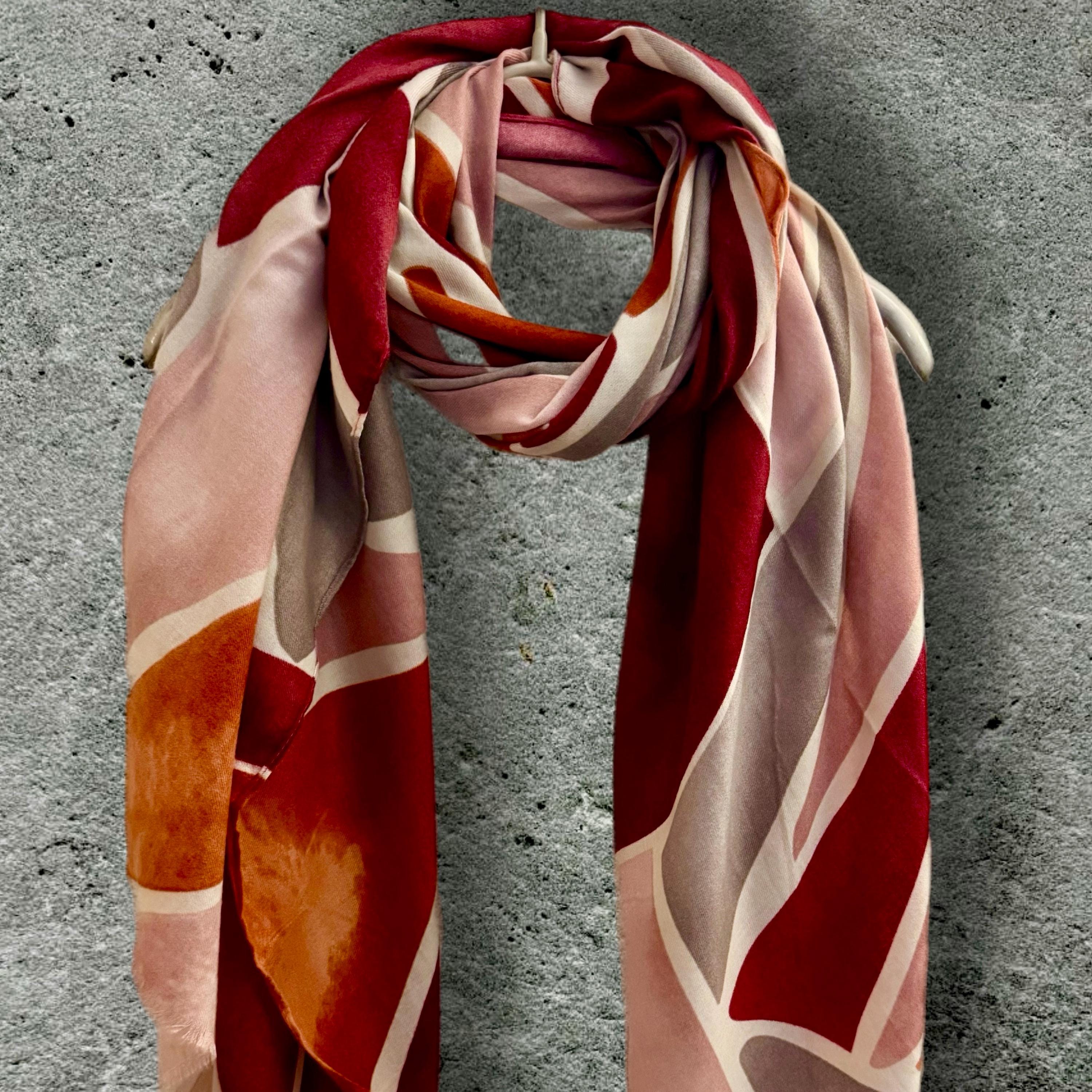 Maroon Red/Pink Scarf with Tiles-Inspired Pattern