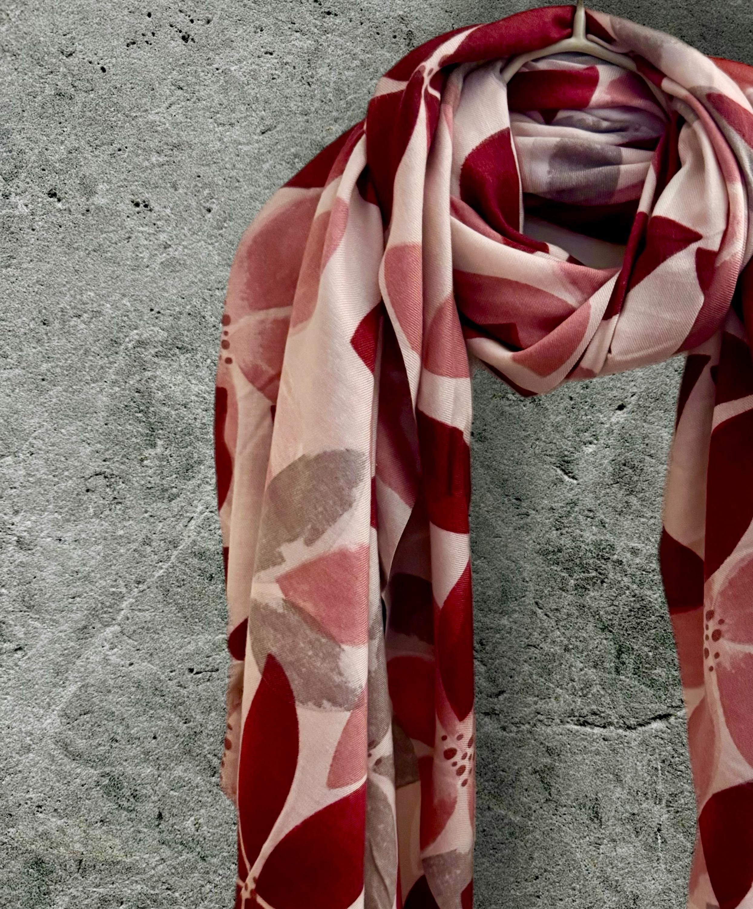 Maroon Red Scarf with Geometric Petals Pattern,All Season Accessory,A Thoughtful Gifts for Her,Mom,Wife,Birthday or Christmas