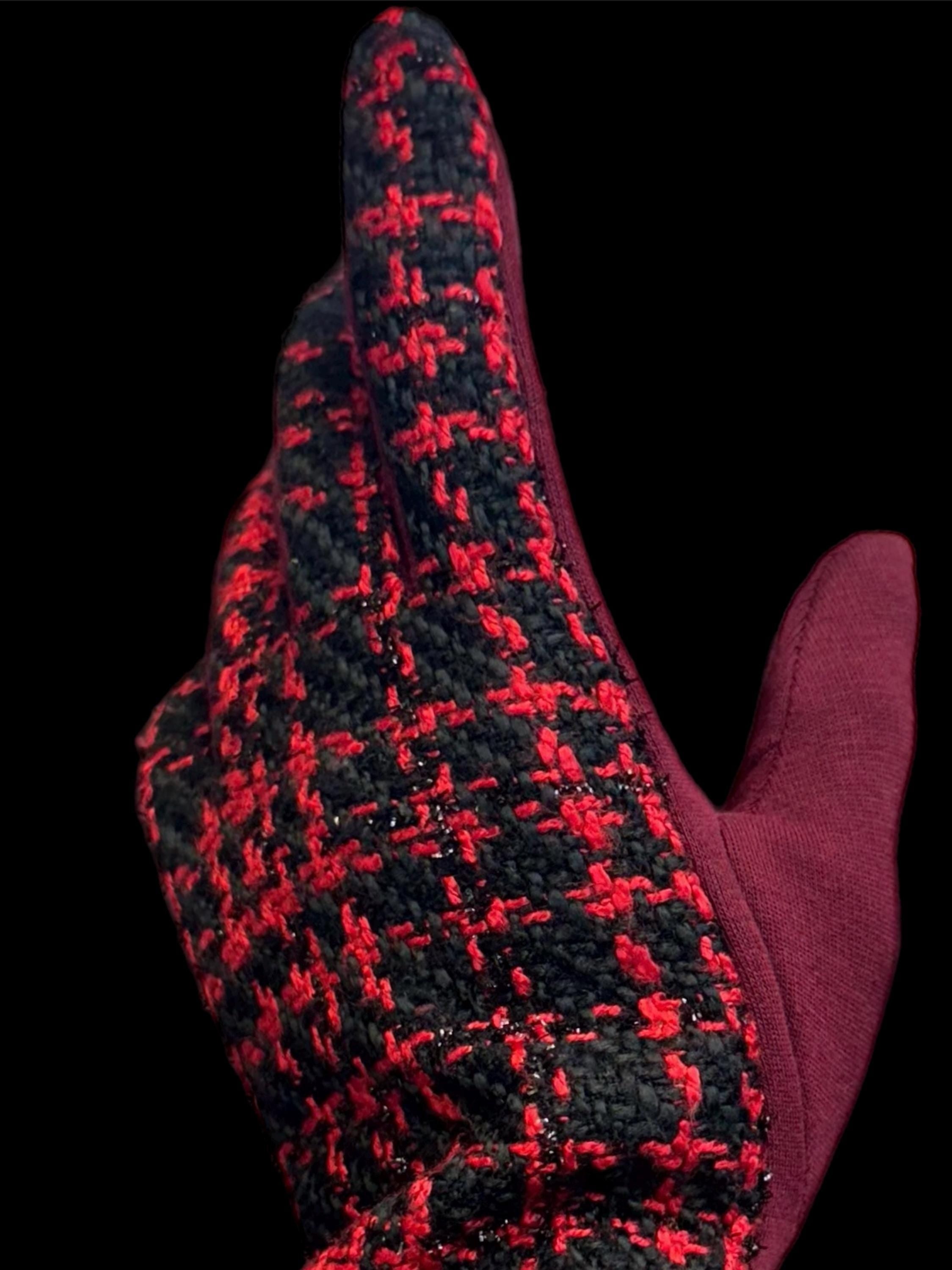 Maroon Red Faux Suede Winter Gloves with Tweed Pattern for Women