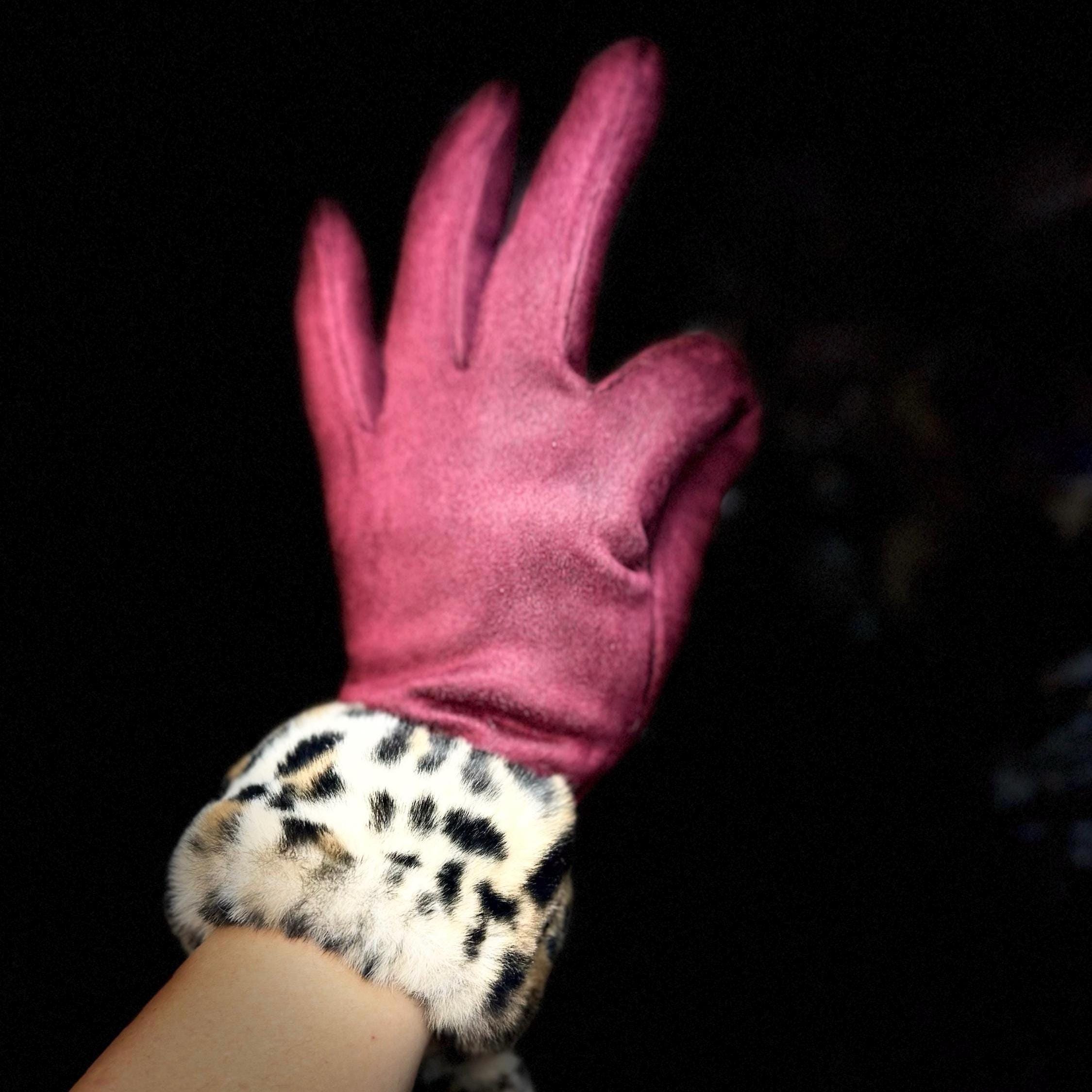 Elegant Maroon Red Gloves with Faux Leopard Fur,Perfect Winter Accessory and Thoughtful Gift for Women,Moms, Birthdays or Christmas