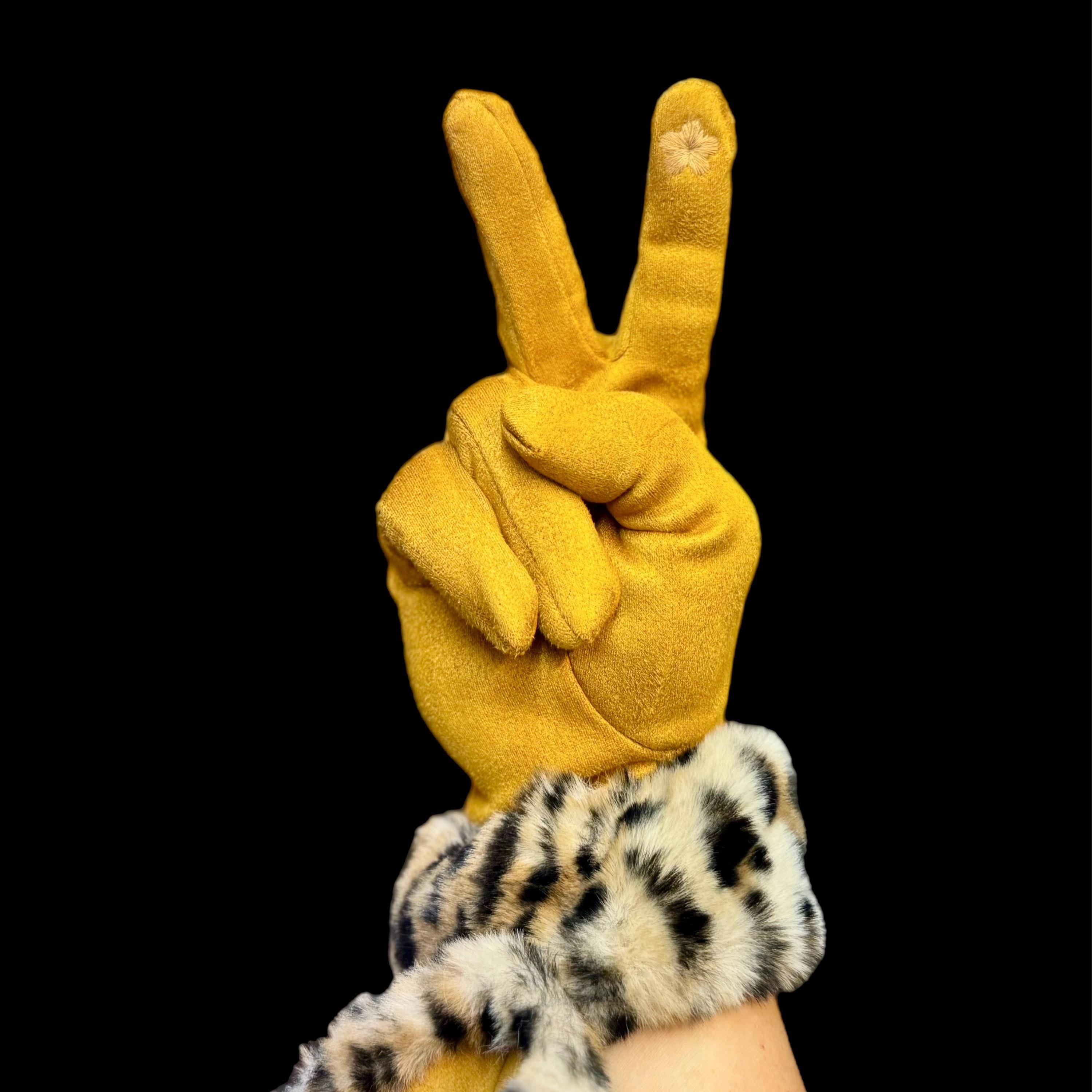Faux Leopard Fur Mustard Yellow Faux Suede Glove for Women,Ideal for Winter,A Thoughtful Gifts for Her Birthday,Moms,Wife or Christmas