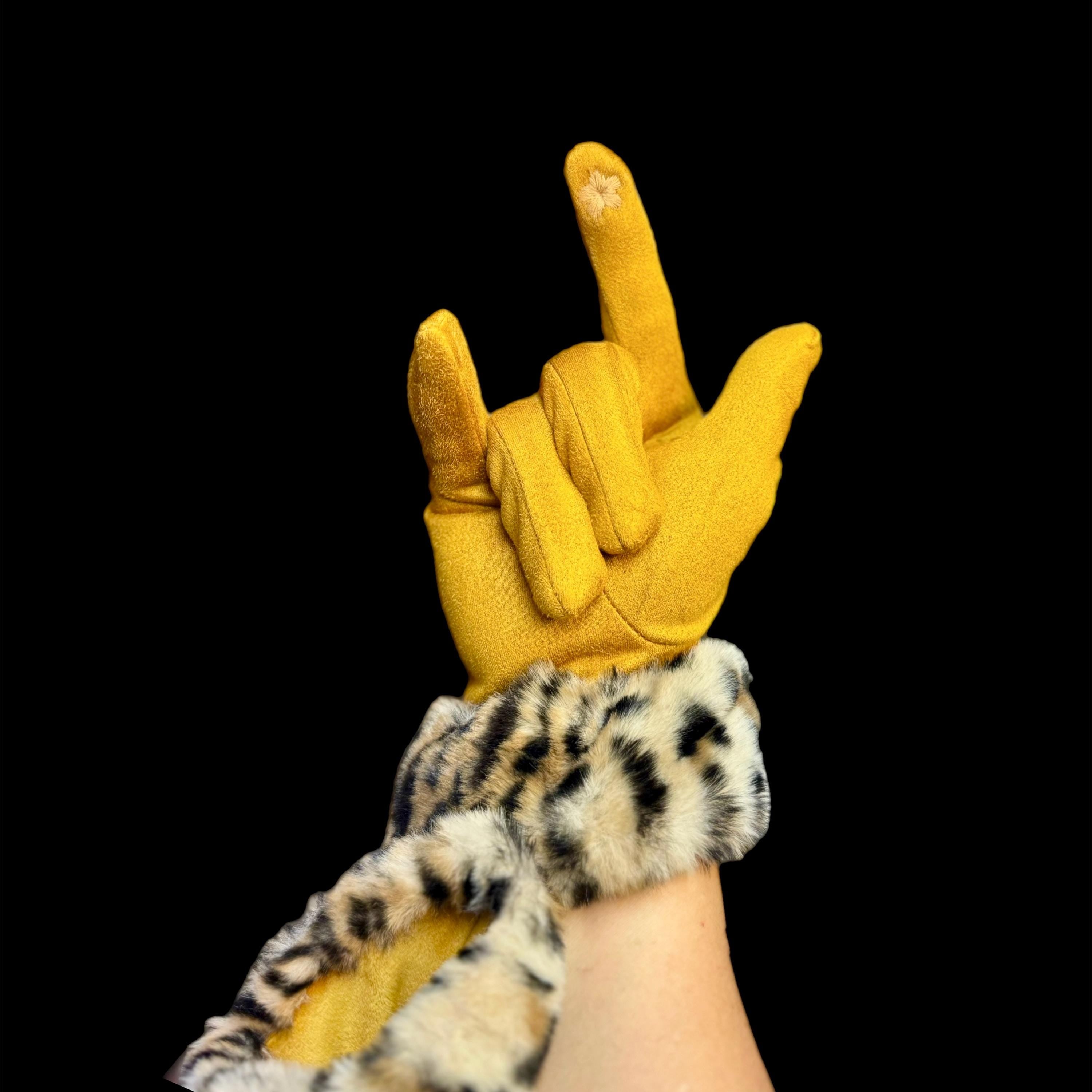 Faux Leopard Fur Mustard Yellow Faux Suede Glove for Women,Ideal for Winter,A Thoughtful Gifts for Her Birthday,Moms,Wife or Christmas