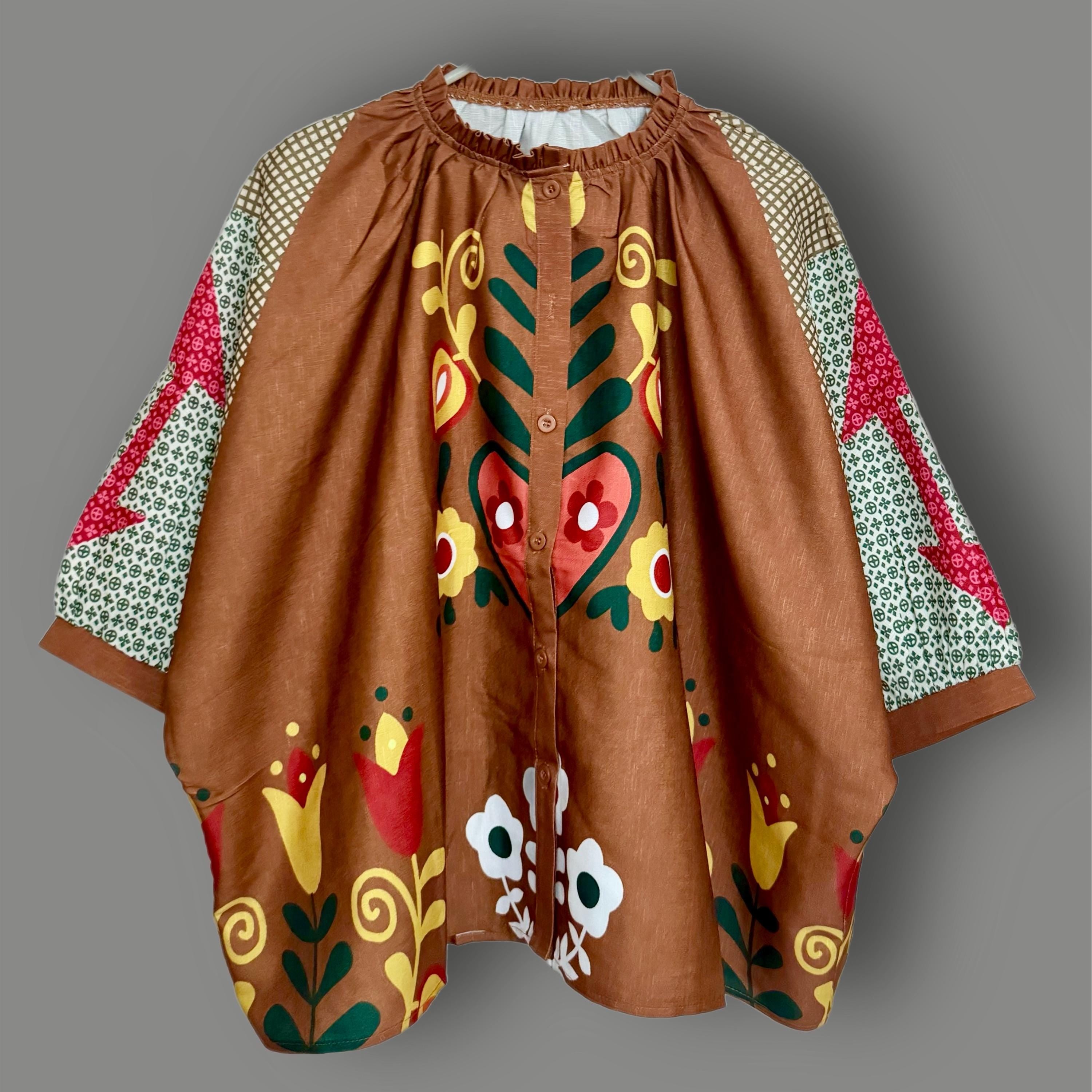 Boho Brown Floral Women Blouse with Puff Sleeves,Button-Down Shirt,Ideal for Summer, Gift for Her, Birthday or Vacation Outfit.