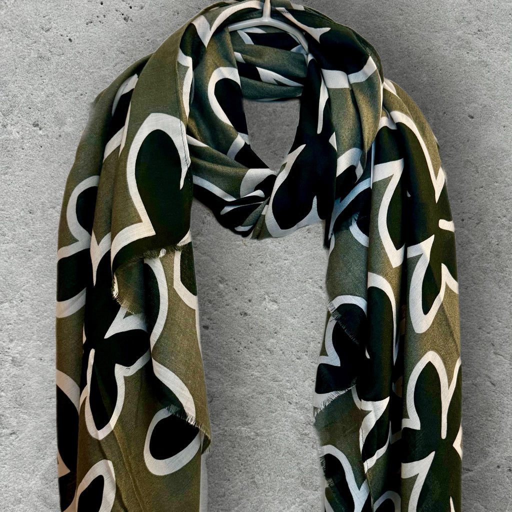Olive Green Cotton Scarf with Black Flower Motif,Abstract Floral Print Scarf for Women,All Season Wrap,Great Gift for Her