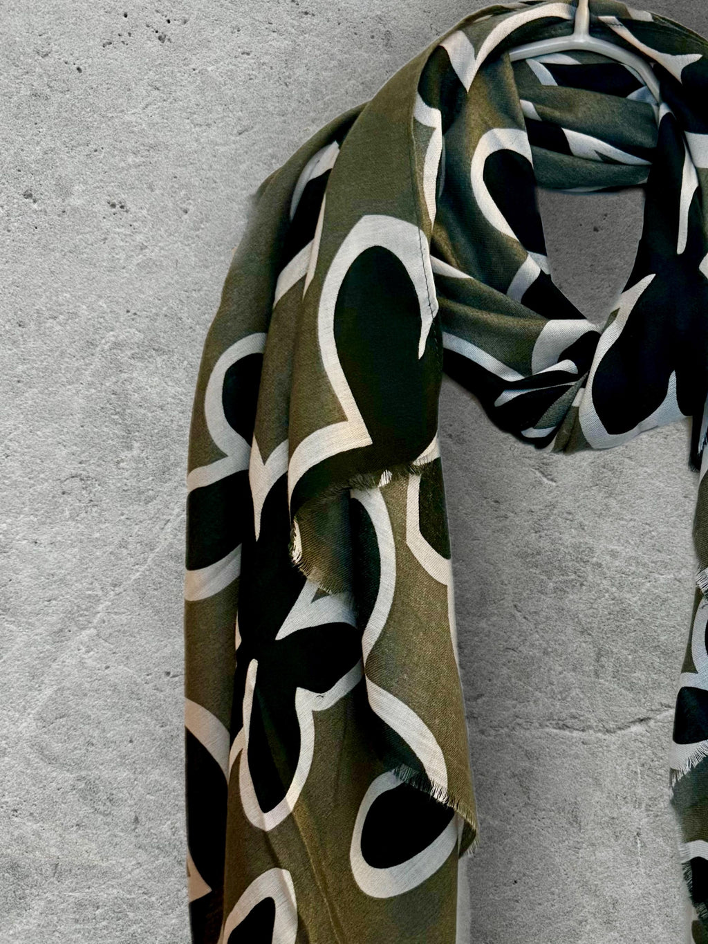 Olive Green Cotton Scarf with Black Flower Motif,Abstract Floral Print Scarf for Women,All Season Wrap,Great Gift for Her