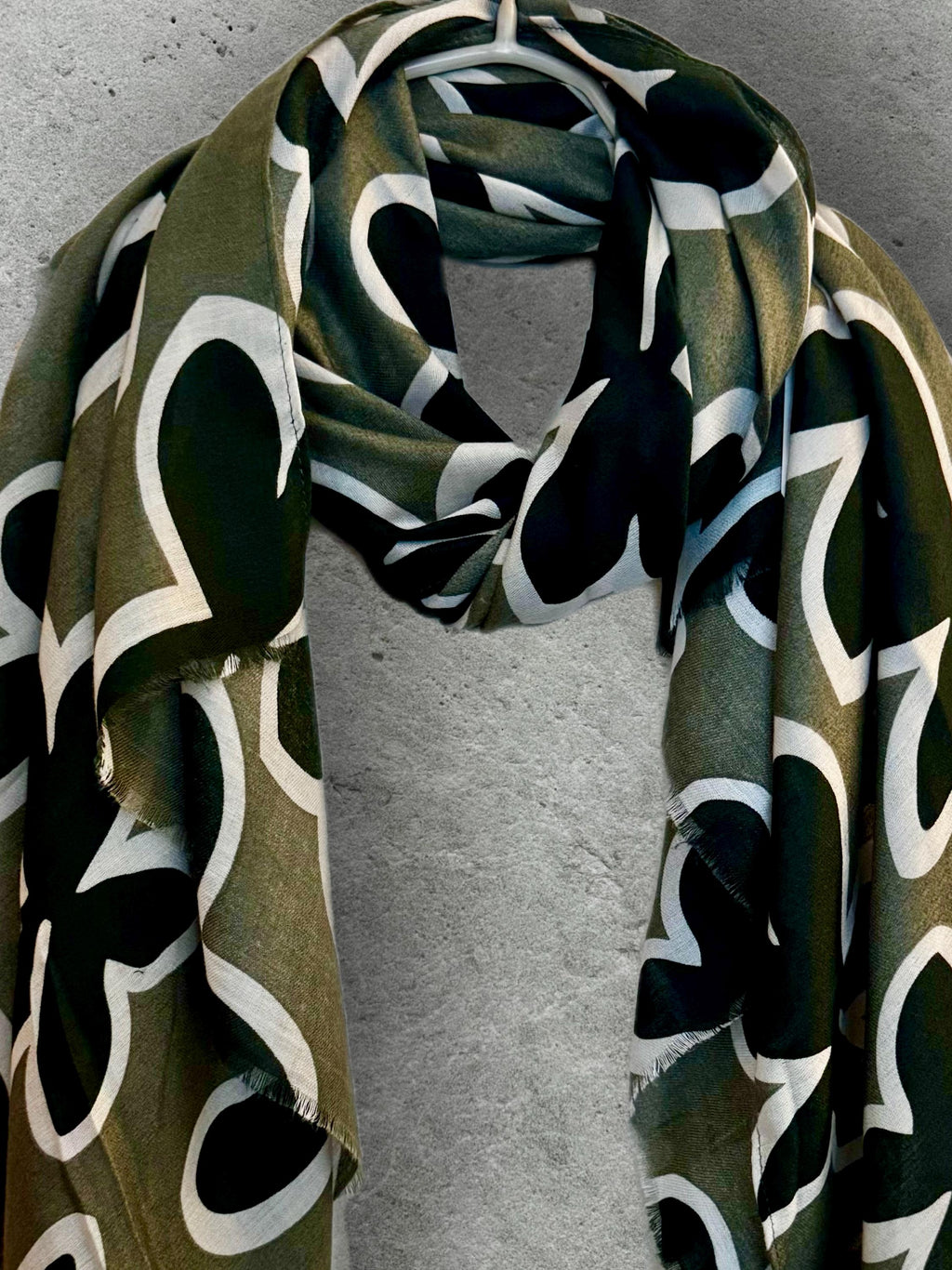 Olive Green Cotton Scarf with Black Flower Motif,Abstract Floral Print Scarf for Women,All Season Wrap,Great Gift for Her