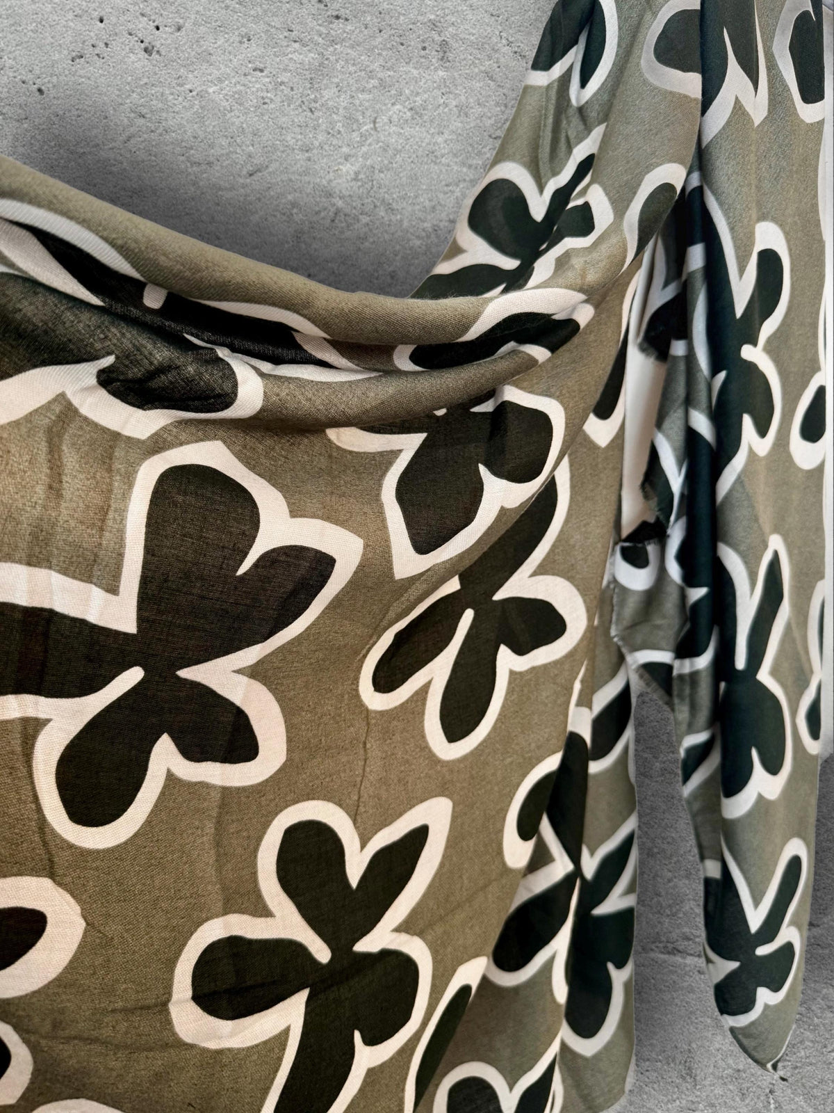 Olive Green Cotton Scarf with Black Flower Motif,Abstract Floral Print Scarf for Women,All Season Wrap,Great Gift for Her