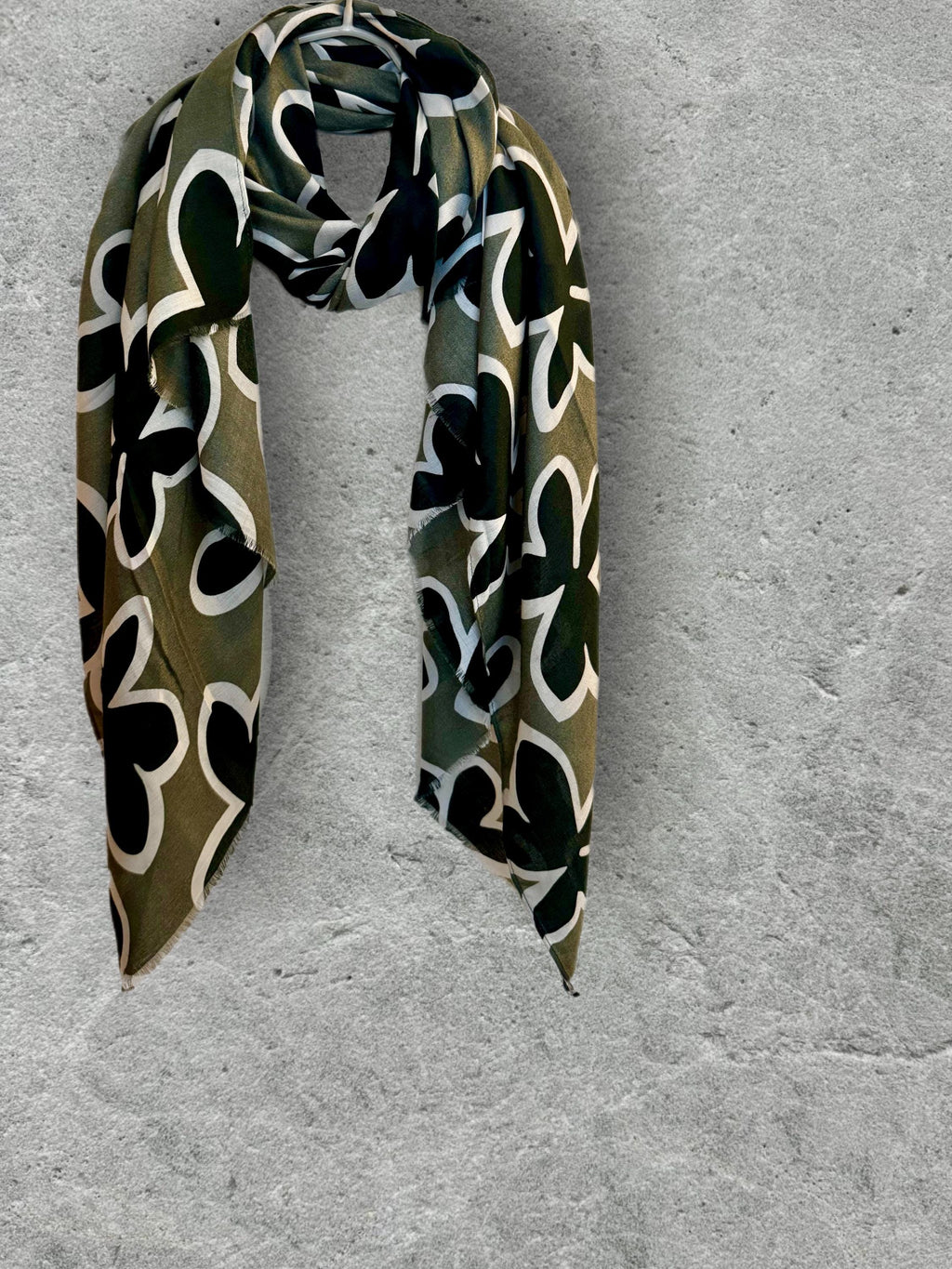 Olive Green Cotton Scarf with Black Flower Motif,Abstract Floral Print Scarf for Women,All Season Wrap,Great Gift for Her