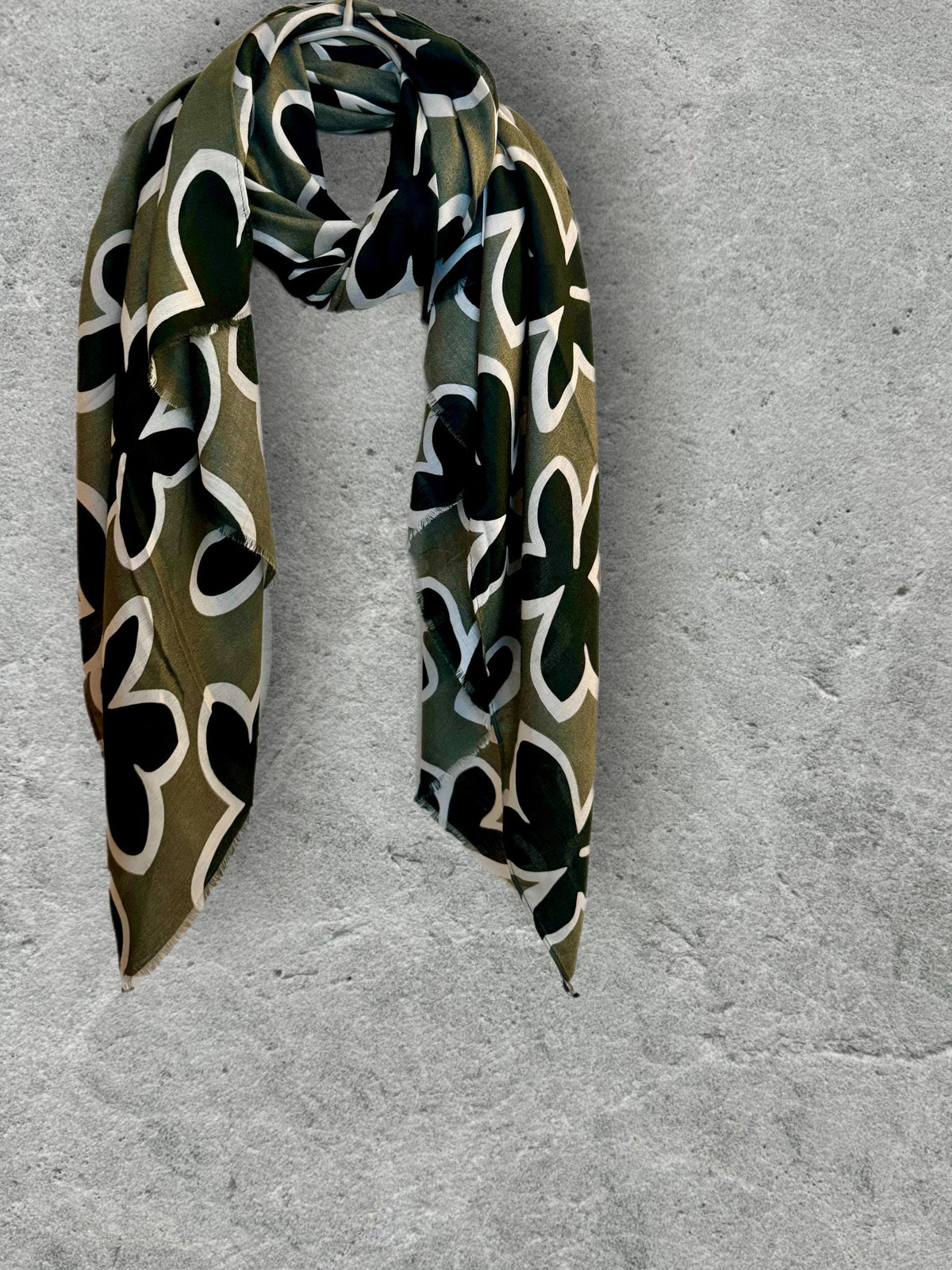Olive Green Cotton Scarf with Black Flower Motif,Abstract Floral Print Scarf for Women,All Season Wrap,Great Gift for Her
