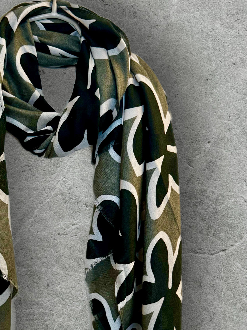 Olive Green Cotton Scarf with Black Flower Motif,Abstract Floral Print Scarf for Women,All Season Wrap,Great Gift for Her