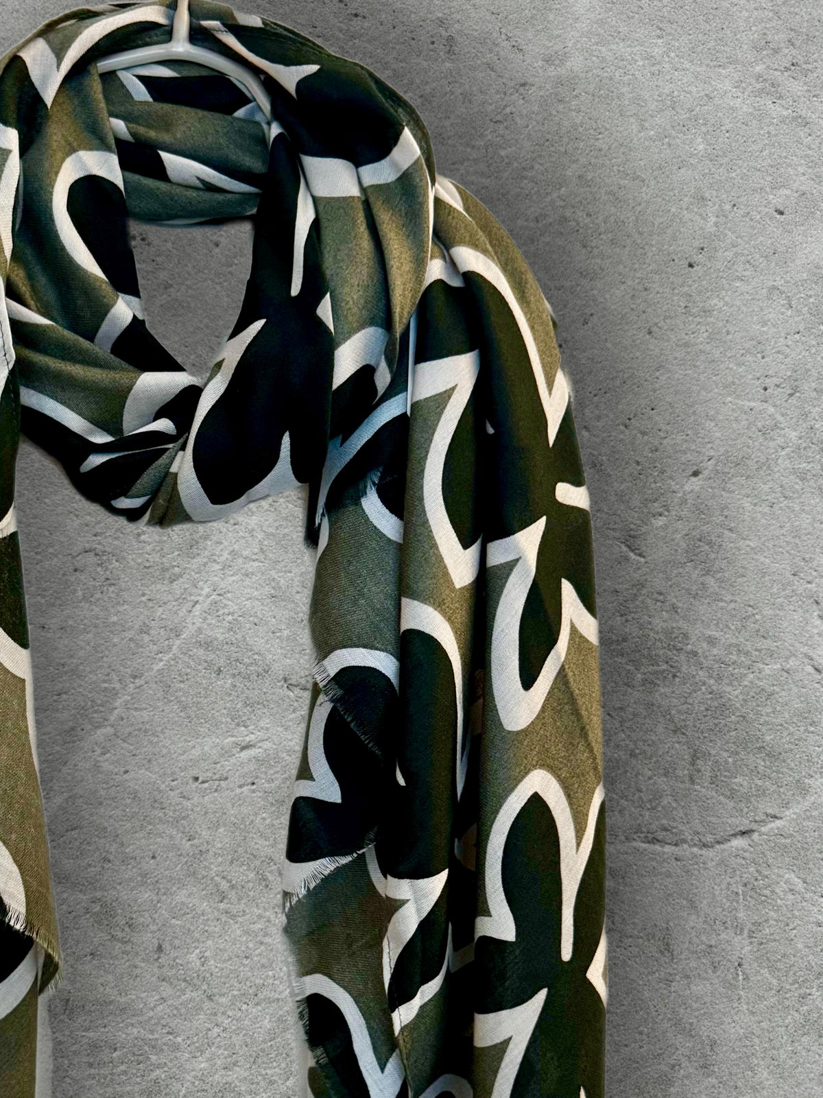 Olive Green Cotton Scarf with Black Flower Motif,Abstract Floral Print Scarf for Women,All Season Wrap,Great Gift for Her