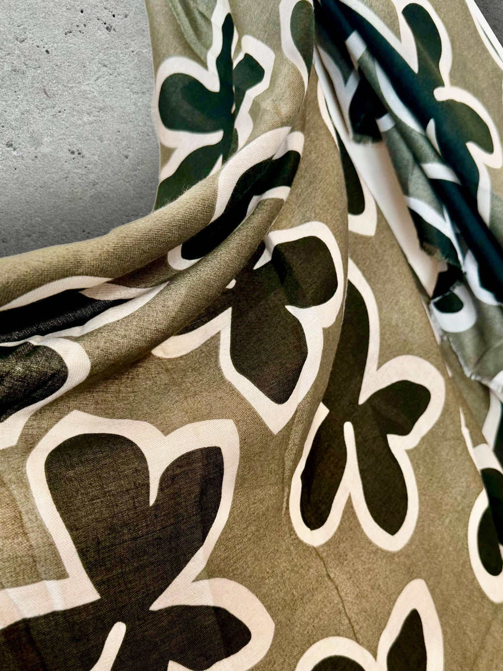 Olive Green Cotton Scarf with Black Flower Motif,Abstract Floral Print Scarf for Women,All Season Wrap,Great Gift for Her