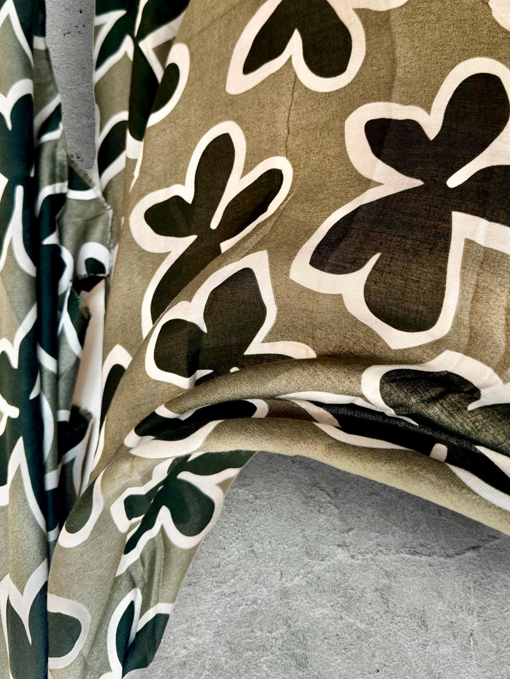 Olive Green Cotton Scarf with Black Flower Motif,Abstract Floral Print Scarf for Women,All Season Wrap,Great Gift for Her