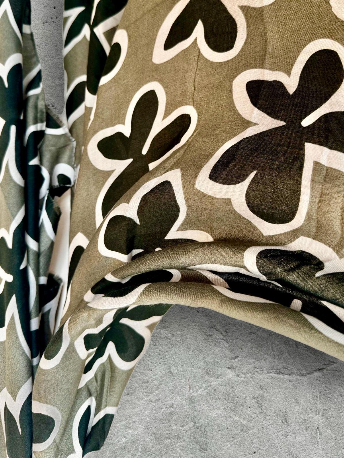 Olive Green Cotton Scarf with Black Flower Motif,Abstract Floral Print Scarf for Women,All Season Wrap,Great Gift for Her