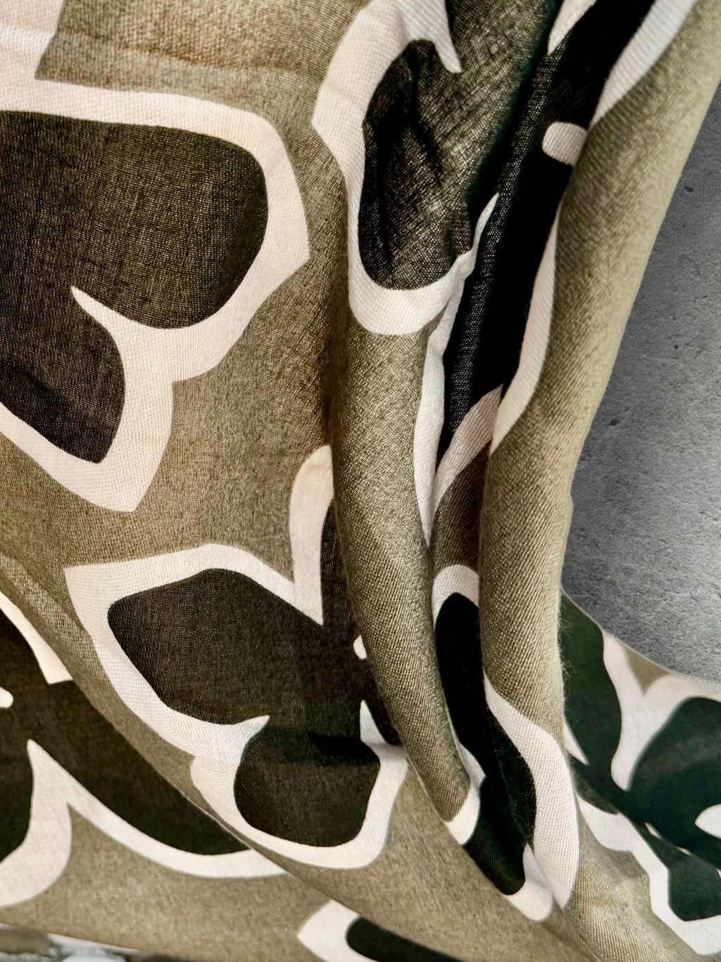 Olive Green Cotton Scarf with Black Flower Motif,Abstract Floral Print Scarf for Women,All Season Wrap,Great Gift for Her