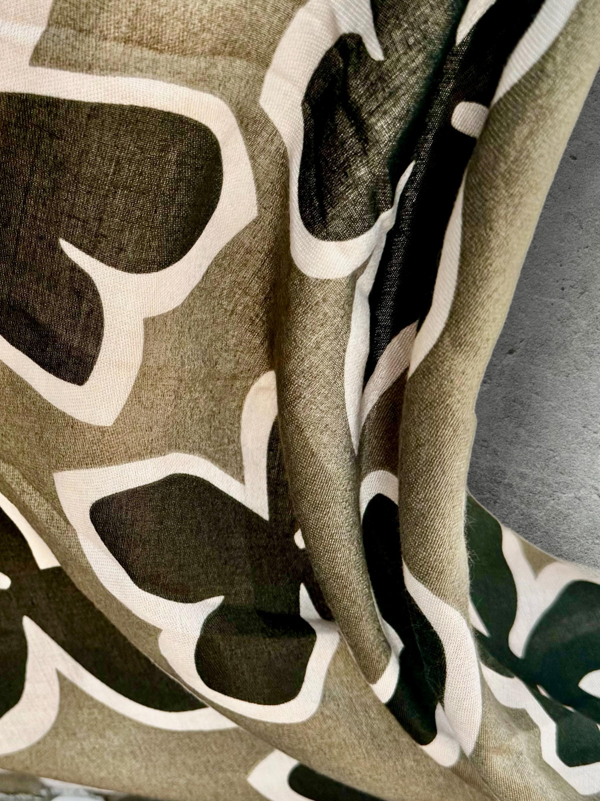 Olive Green Cotton Scarf with Black Flower Motif,Abstract Floral Print Scarf for Women,All Season Wrap,Great Gift for Her
