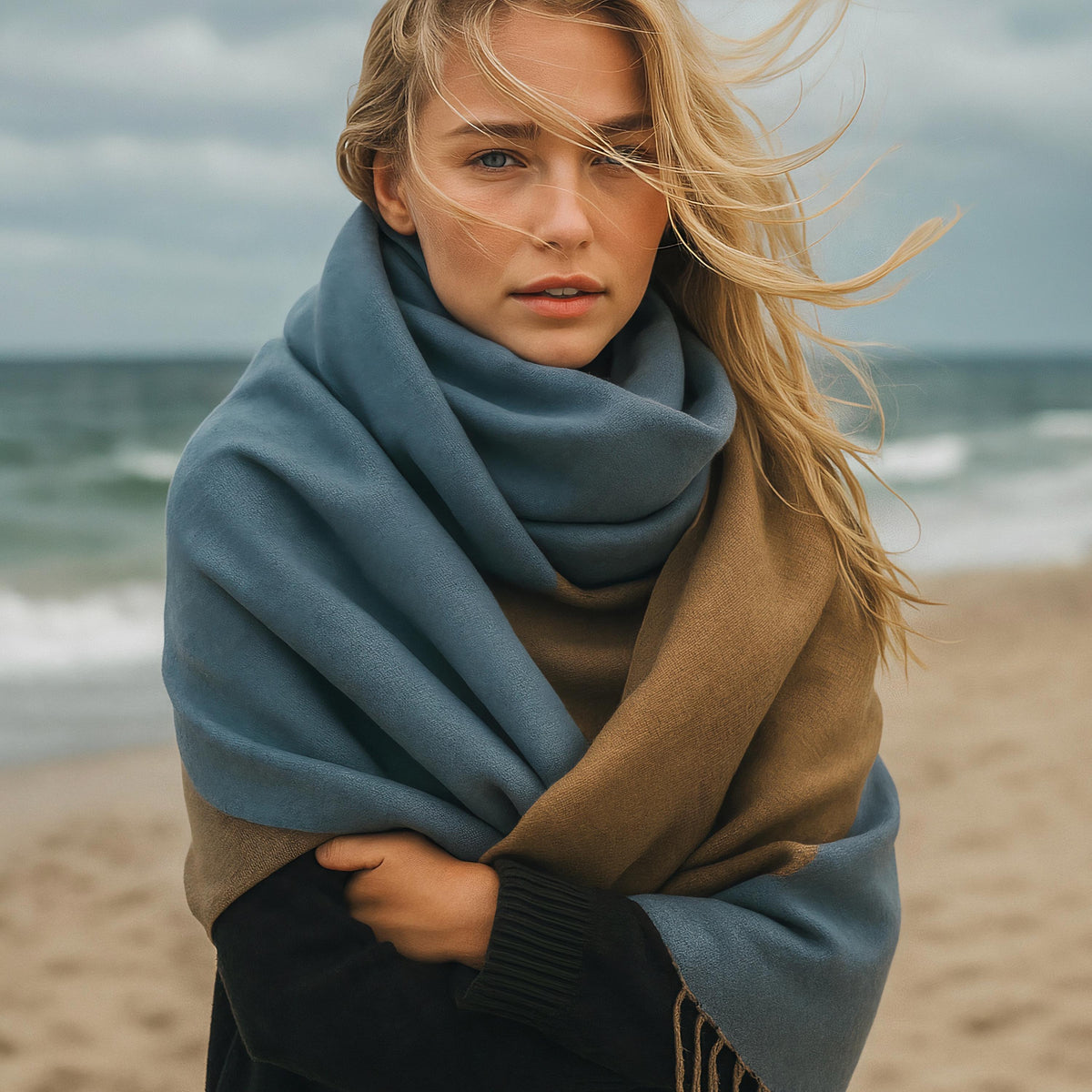 Light Blue & Beige Winter Scarf for Women,Ultra Soft Double-Sided Shawl,Warm,Lightweight and Elegant Gift for Her