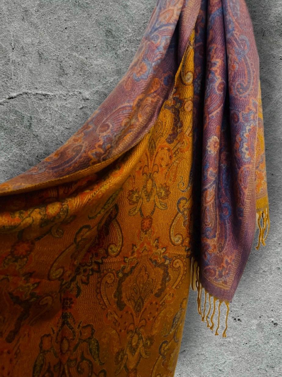 Reversible Mustard Yellow Winter Scarf for Women,Ultra Soft Shawl with Paisley Pattern,Cozy Warm Wrap,Stylish Gift for Her