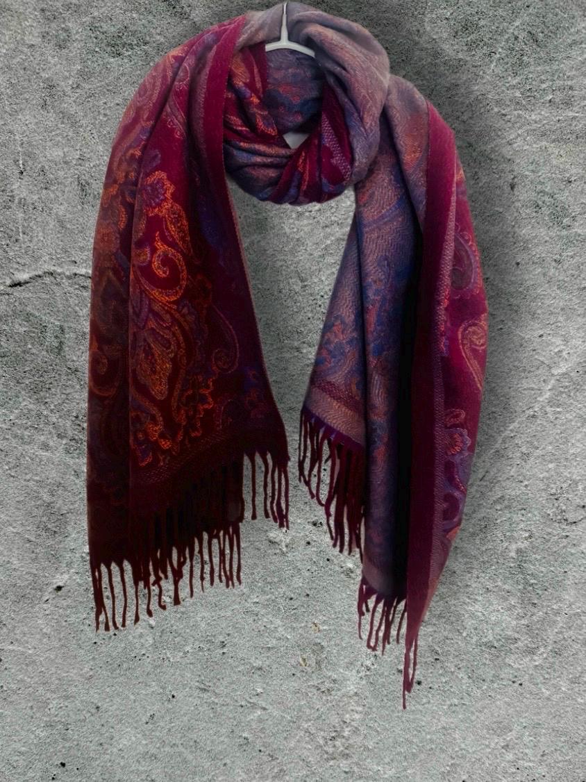 Reversible Burgundy Winter Scarf,Luxurious Warm Shawl with Paisley Print,Elegant Wrap for Women,Perfect Christmas Gift for Her