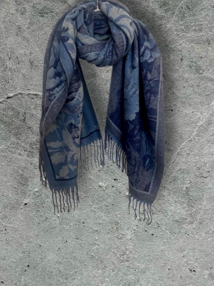 Blue Ultra Soft Winter Scarf,Reversible Wrap for Women,Cozy Peony’s Floral Pattern Shawl,Luxury Gift for Her