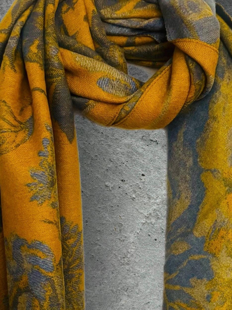 Mustard Yellow Ultra Soft Winter Scarf,Double-Sided Peonys Floral Wrap,Bold Reversible Shawl,Warm Gift for Her
