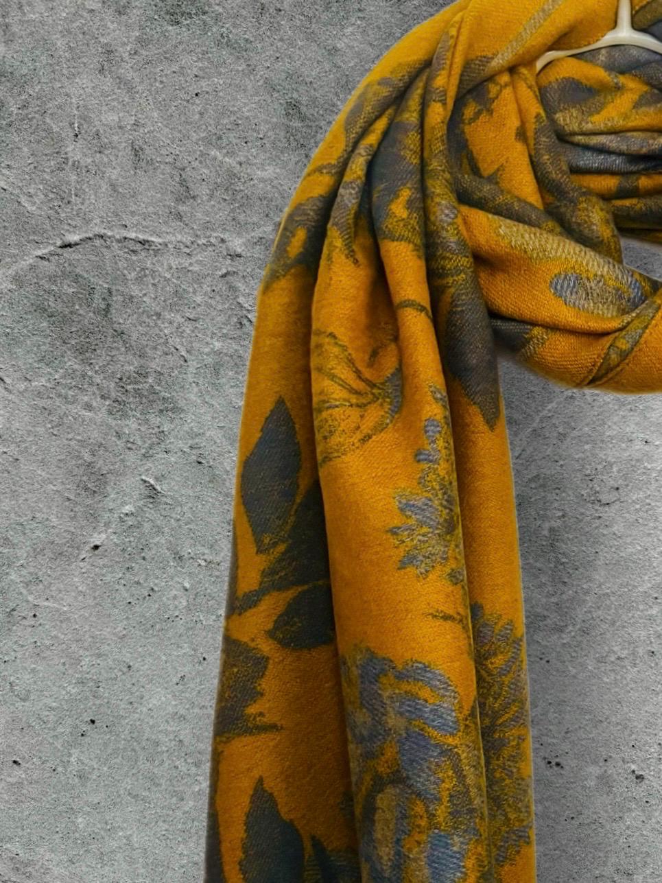 Mustard Yellow Ultra Soft Winter Scarf,Double-Sided Peonys Floral Wrap,Bold Reversible Shawl,Warm Gift for Her