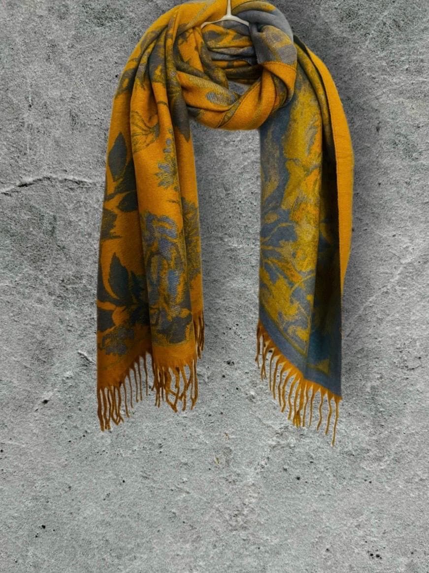 Mustard Yellow Ultra Soft Winter Scarf,Double-Sided Peonys Floral Wrap,Bold Reversible Shawl,Warm Gift for Her