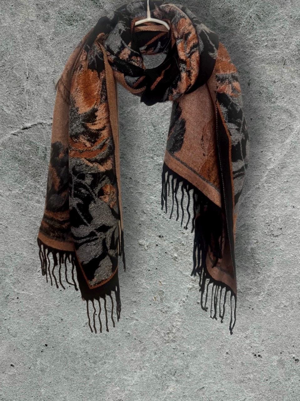 Black Ultra Soft Winter Scarf,Elegant Reversible Peonys Floral Shawl,Cozy Wrap for Women,Chic Warm Gift for Her