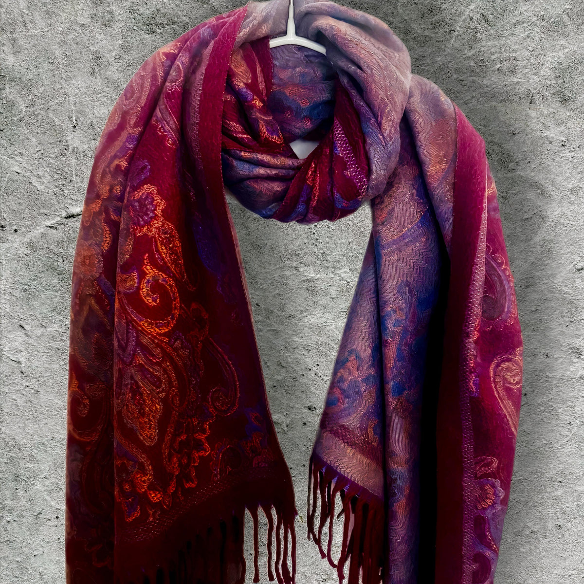 Reversible Burgundy Winter Scarf,Luxurious Warm Shawl with Paisley Print,Elegant Wrap for Women,Perfect Christmas Gift for Her