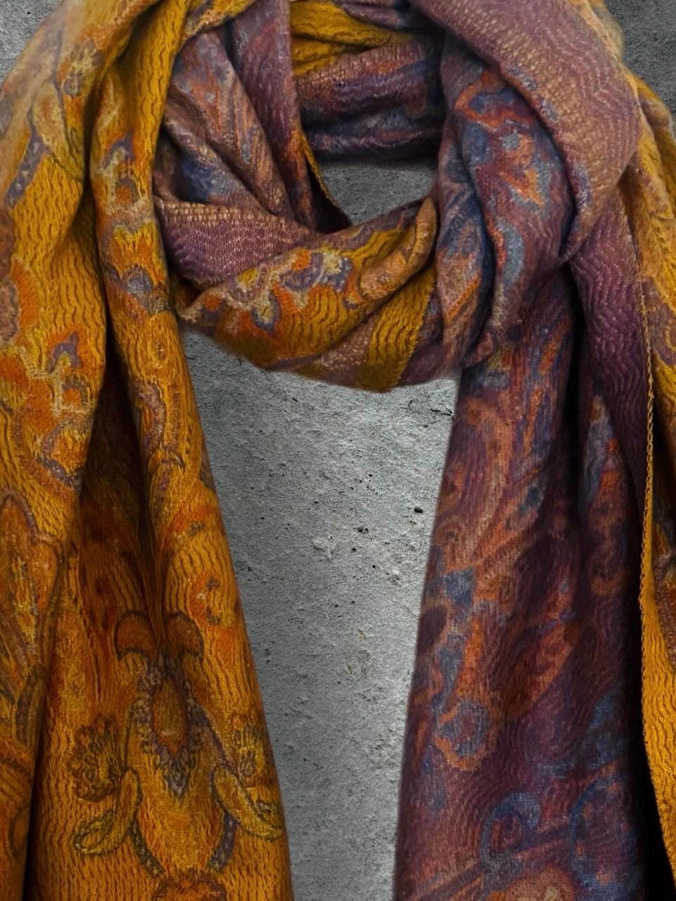 Reversible Mustard Yellow Winter Scarf for Women,Ultra Soft Shawl with Paisley Pattern,Cozy Warm Wrap,Stylish Gift for Her