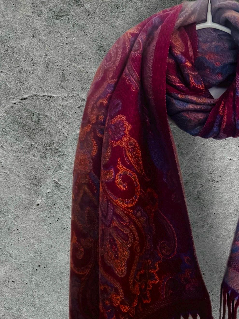 Reversible Burgundy Winter Scarf,Luxurious Warm Shawl with Paisley Print,Elegant Wrap for Women,Perfect Christmas Gift for Her
