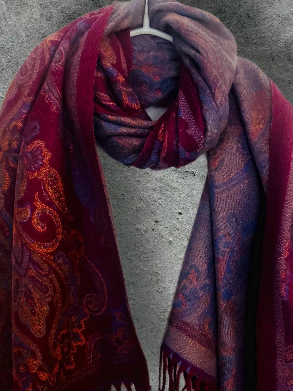Reversible Burgundy Winter Scarf,Luxurious Warm Shawl with Paisley Print,Elegant Wrap for Women,Perfect Christmas Gift for Her